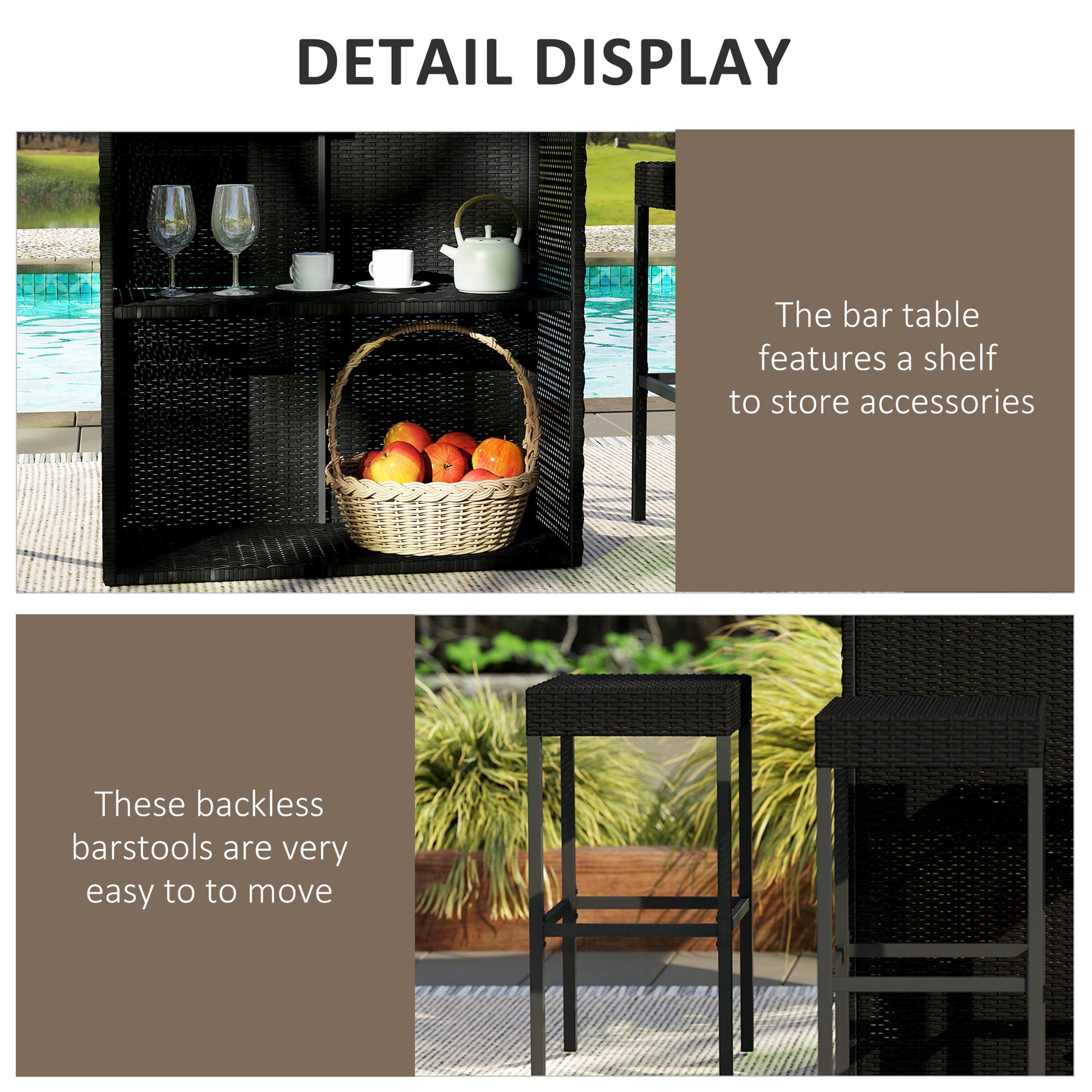 5 Pieces Patio Bar Set, Outdoor PE Rattan Wicker High Top Outdoor Table and Chairs Outdoor Bar Set with Tempered Glass Top Bar Table and Shelves, 4 Bar Chairs, Black