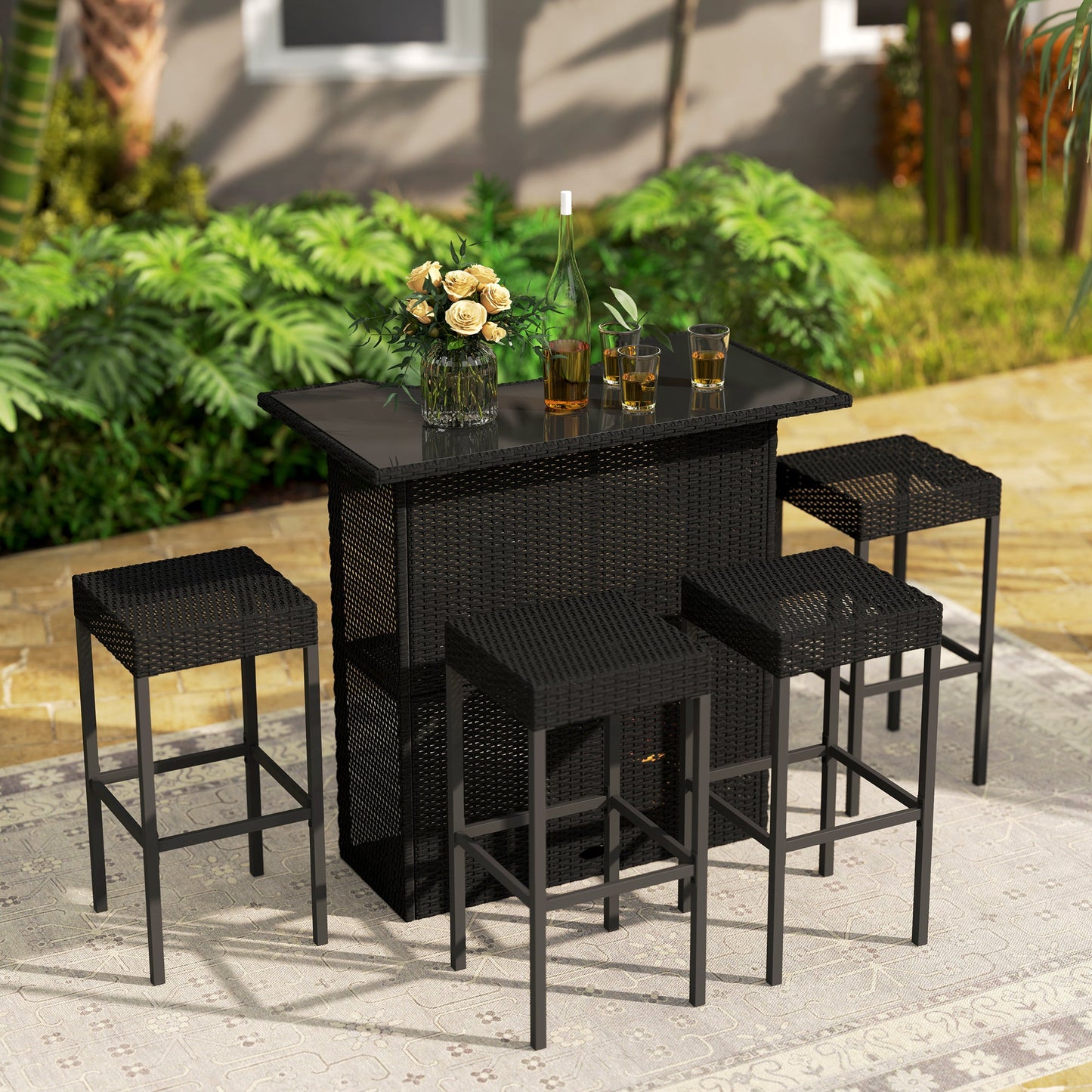 5 Pieces Patio Bar Set, Outdoor PE Rattan Wicker High Top Outdoor Table and Chairs Outdoor Bar Set with Tempered Glass Top Bar Table and Shelves, 4 Bar Chairs, Black