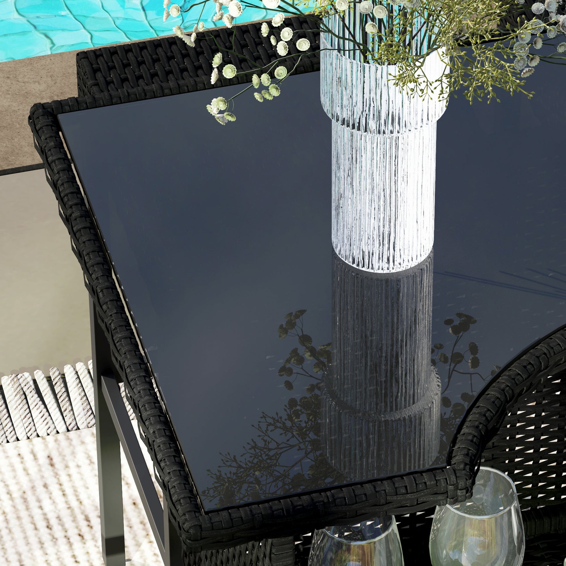 5 Pieces Patio Bar Set, Outdoor PE Rattan Wicker High Top Outdoor Table and Chairs Outdoor Bar Set with Tempered Glass Top Bar Table and Shelves, 4 Bar Chairs, Black