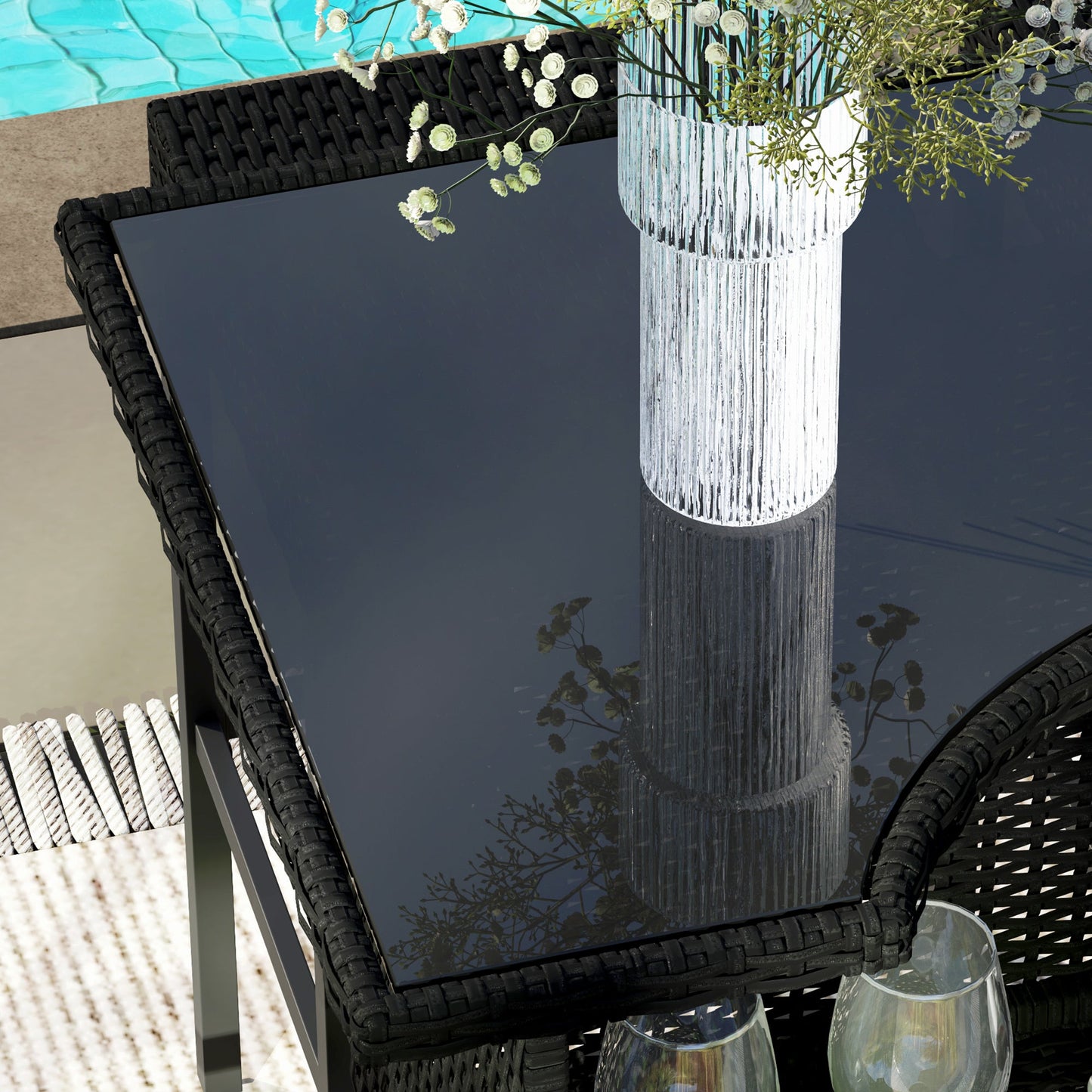 5 Pieces Patio Bar Set, Outdoor PE Rattan Wicker High Top Outdoor Table and Chairs Outdoor Bar Set with Tempered Glass Top Bar Table and Shelves, 4 Bar Chairs, Black
