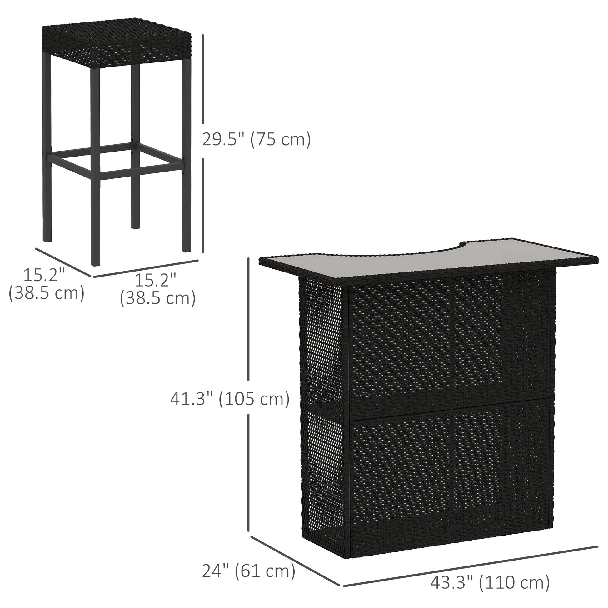 5 Pieces Patio Bar Set, Outdoor PE Rattan Wicker High Top Outdoor Table and Chairs Outdoor Bar Set with Tempered Glass Top Bar Table and Shelves, 4 Bar Chairs, Black