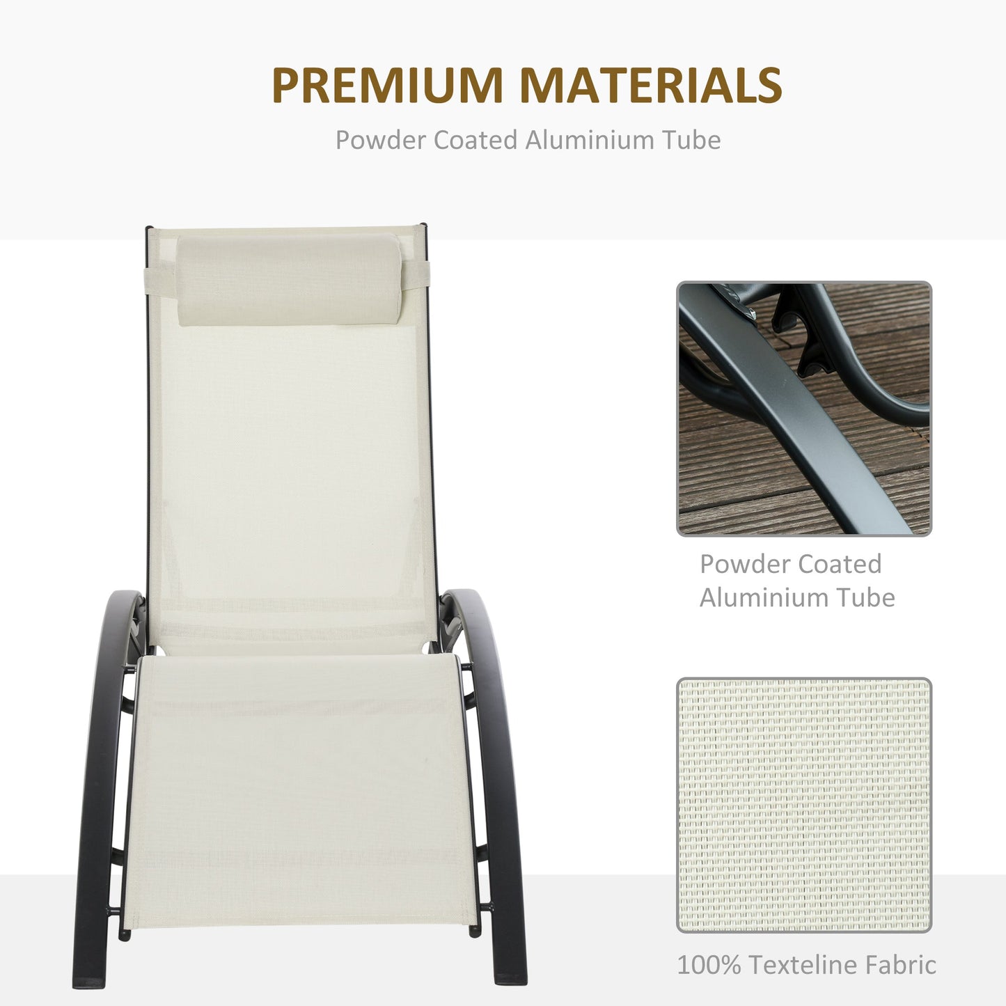 Patio Lounge Chair, Aluminum Reclining Outdoor Tanning Chair with 5-Level Adjustable Backrest, Head Pillow and Breathable Mesh Fabric, for Pool, Deck, Garden, Beige