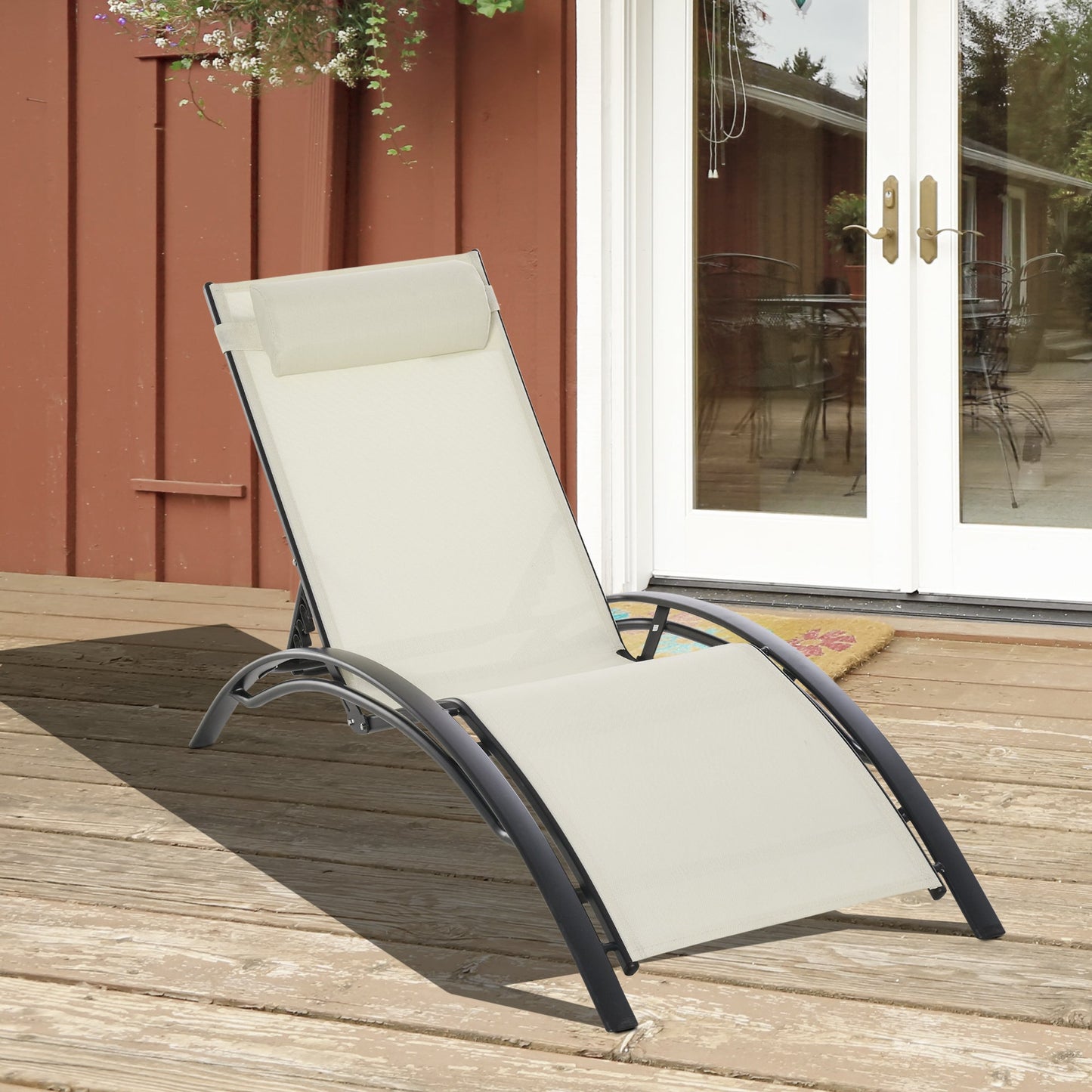 Patio Lounge Chair, Aluminum Reclining Outdoor Tanning Chair with 5-Level Adjustable Backrest, Head Pillow and Breathable Mesh Fabric, for Pool, Deck, Garden, Beige