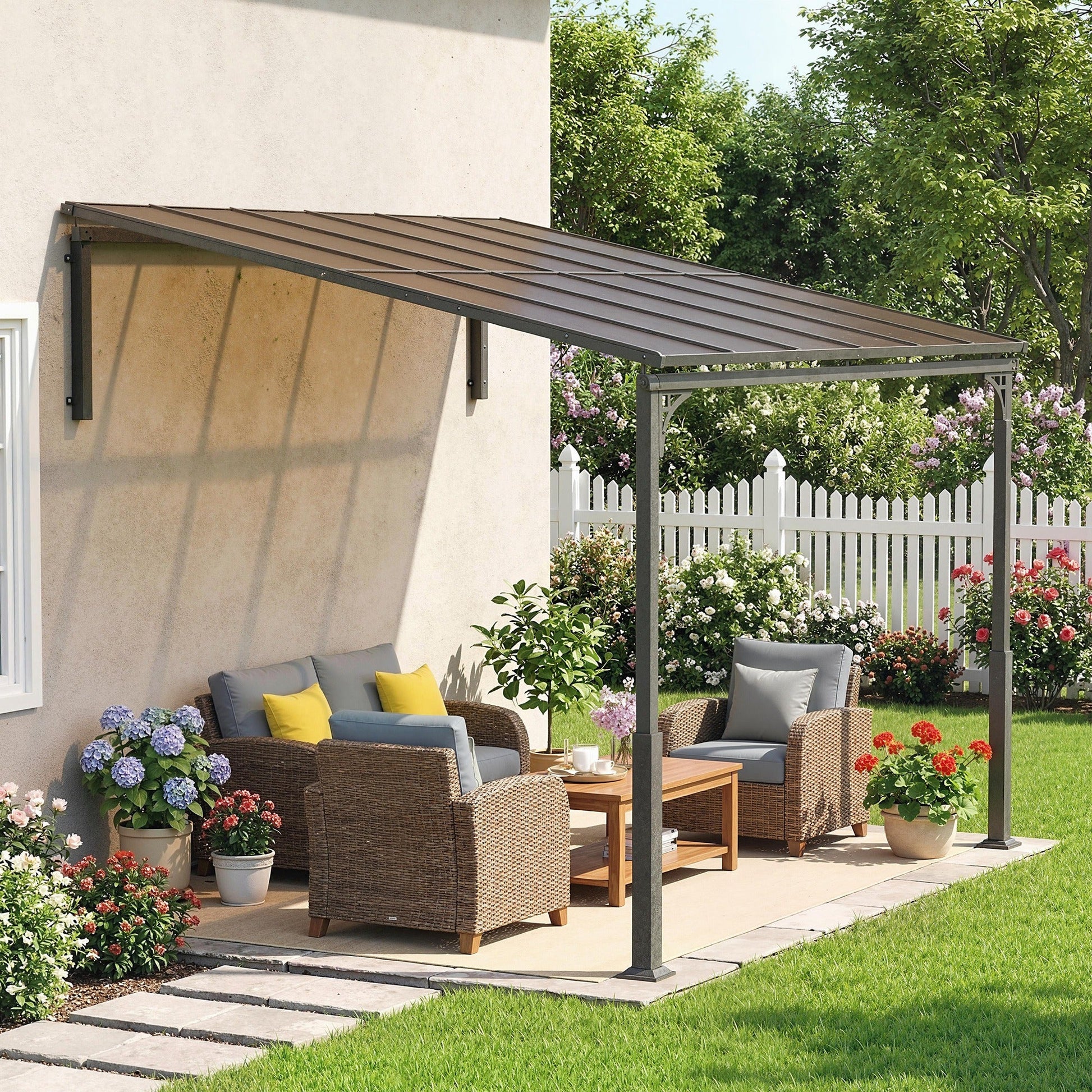 11' x 10' Outdoor Pergola, Wall Mounted Hardtop Lean-to Gazebo with Polycarbonate Roof and Metal-Aluminium Frame, Heavy Duty Metal Pergola for Patio Deck Backyard, Brown