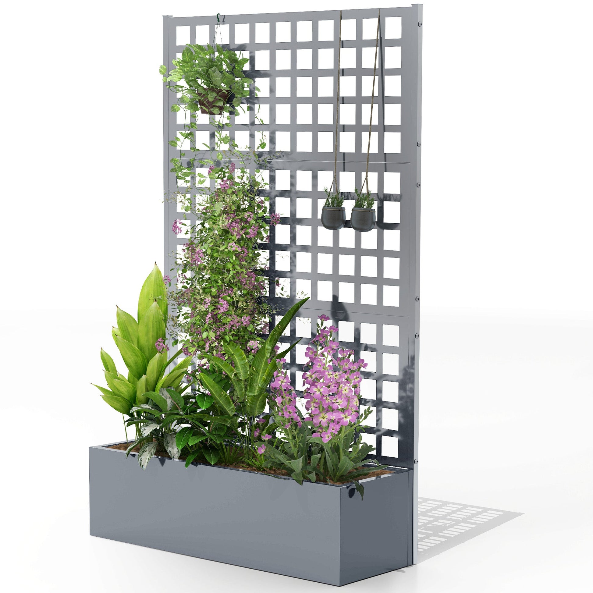 Galvanized Raised Garden Bed with Trellis, 43"x16"x70" Metal Planter Box with Drainage Holes, Outdoor Privacy Screen for Climbing Plant Vegetable Vine, Grey Wood Effect