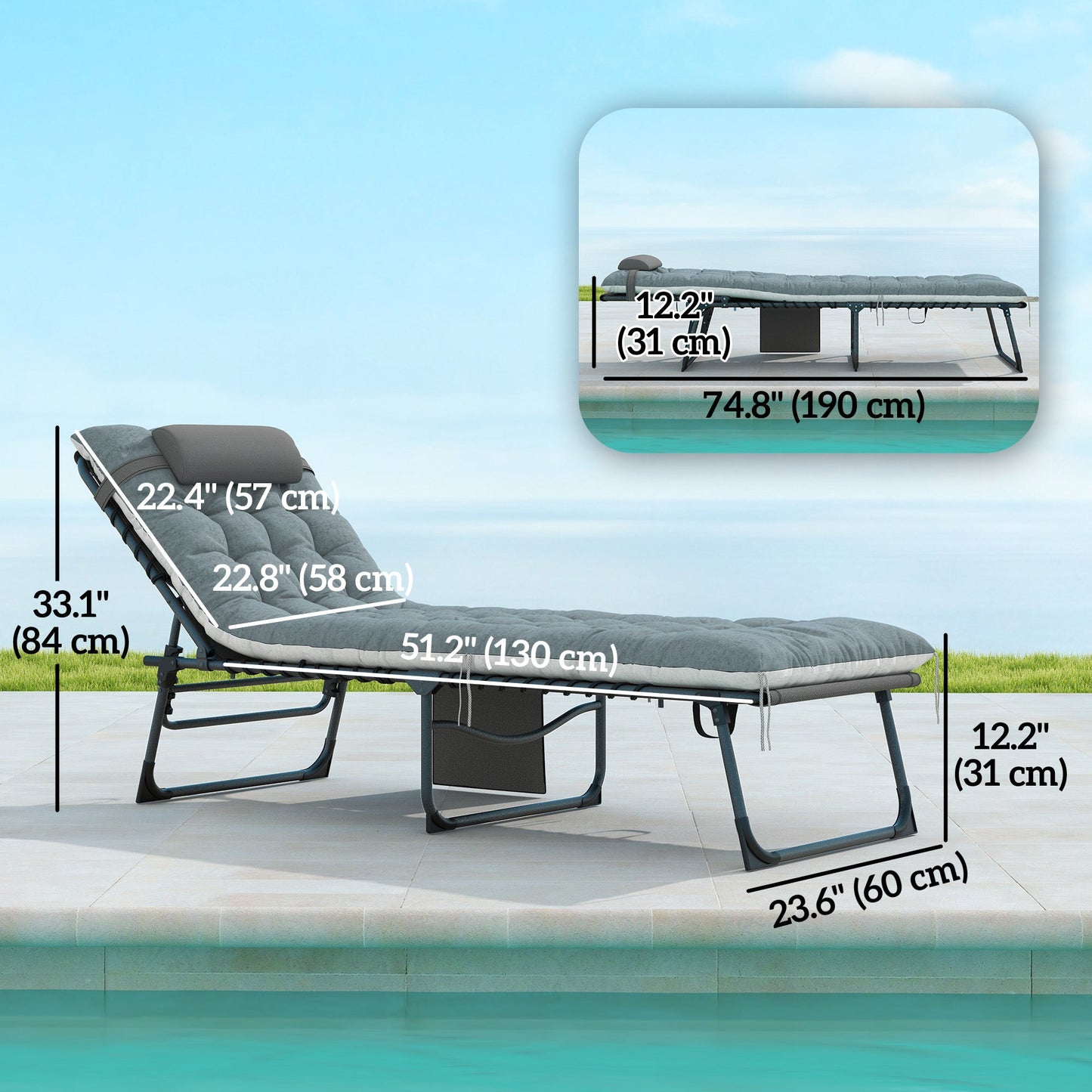 Folding Outdoor Lounge Chair Set of 2, 5-Position Reclining Patio Chaise Lounge Chairs, Tanning Chair with Cushion, Headrest, Side Pocket for Beach, Poolside, Grey