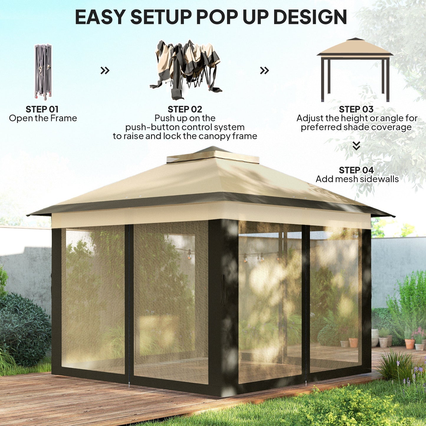 11' x 11' Pop Up Canopy, Double Roof Foldable Canopy Tent with Zipper Mesh Sidewalls, Height Adjustable and Carrying Bag, Event Tent for Patio Garden Backyard, Beige