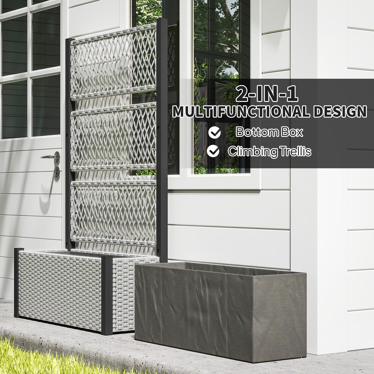 Wicker Outdoor Planter with Trellis, 58" Standing Raised Garden Bed with Liner, Drainage Holes, Privacy Screen Planter Box for Climbing Plants, Flowers, Mixed Grey