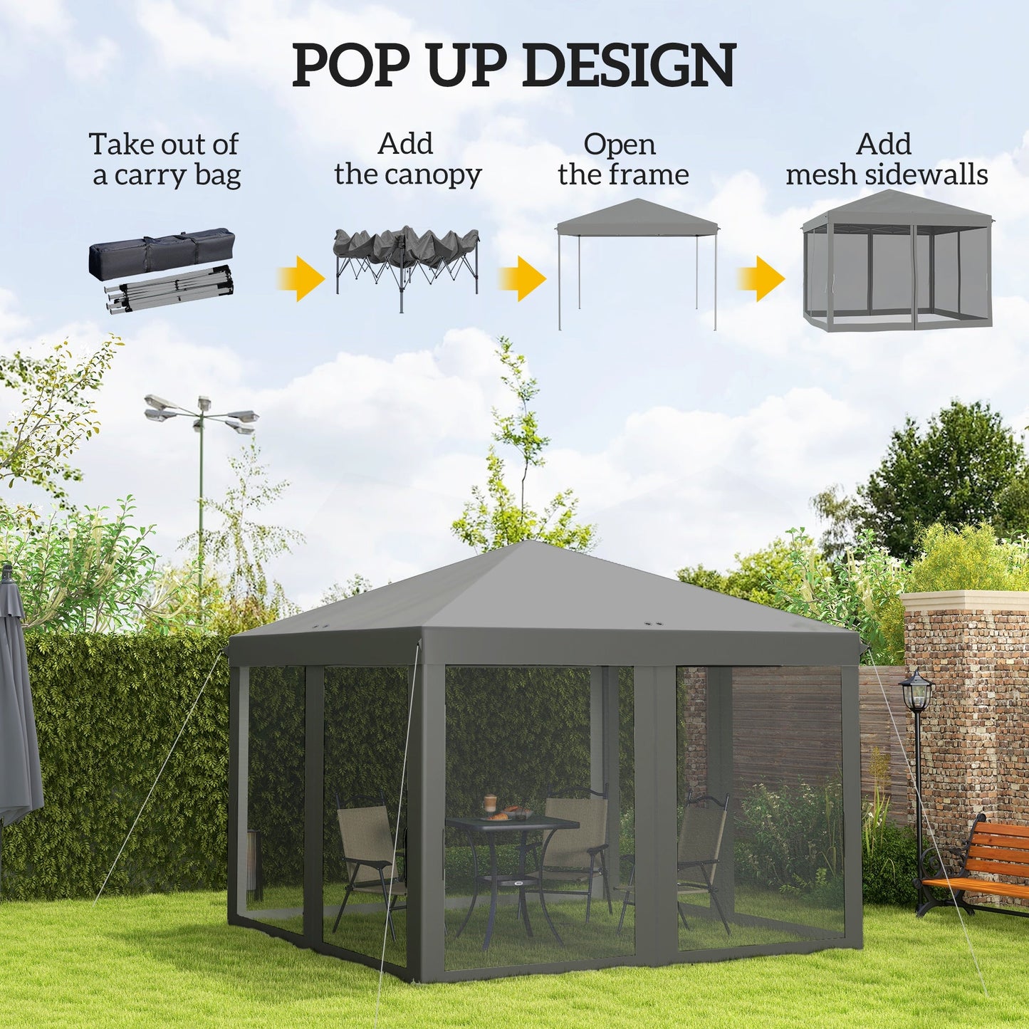 10' x 10' Pop Up Canopy Tent Gazebo, Foldable Canopy Tent with Zipper Mesh Sidewalls and Carry Bag, Easy Setup Screen Shelter for Backyard Patio Outdoor, Light Grey