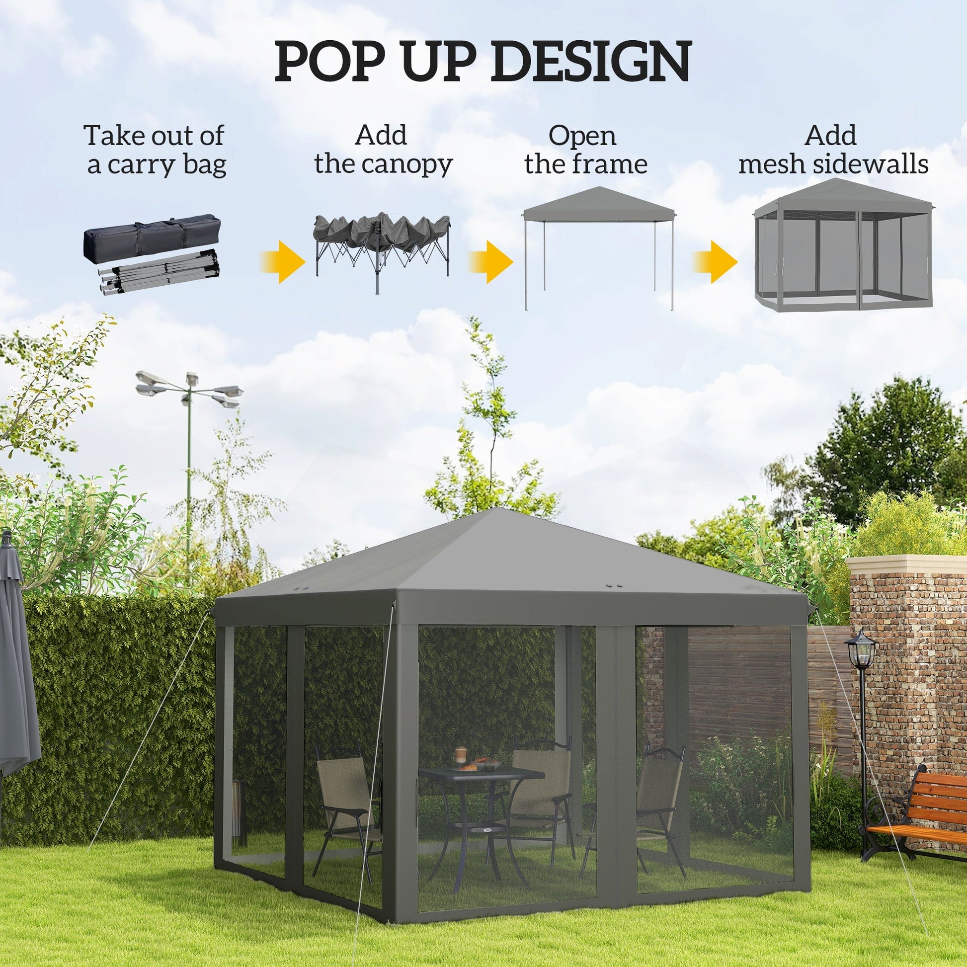 10' x 10' Pop Up Canopy Tent Gazebo, Foldable Canopy Tent with Zipper Mesh Sidewalls and Carry Bag, Easy Setup Screen Shelter for Backyard Patio Outdoor, Light Grey