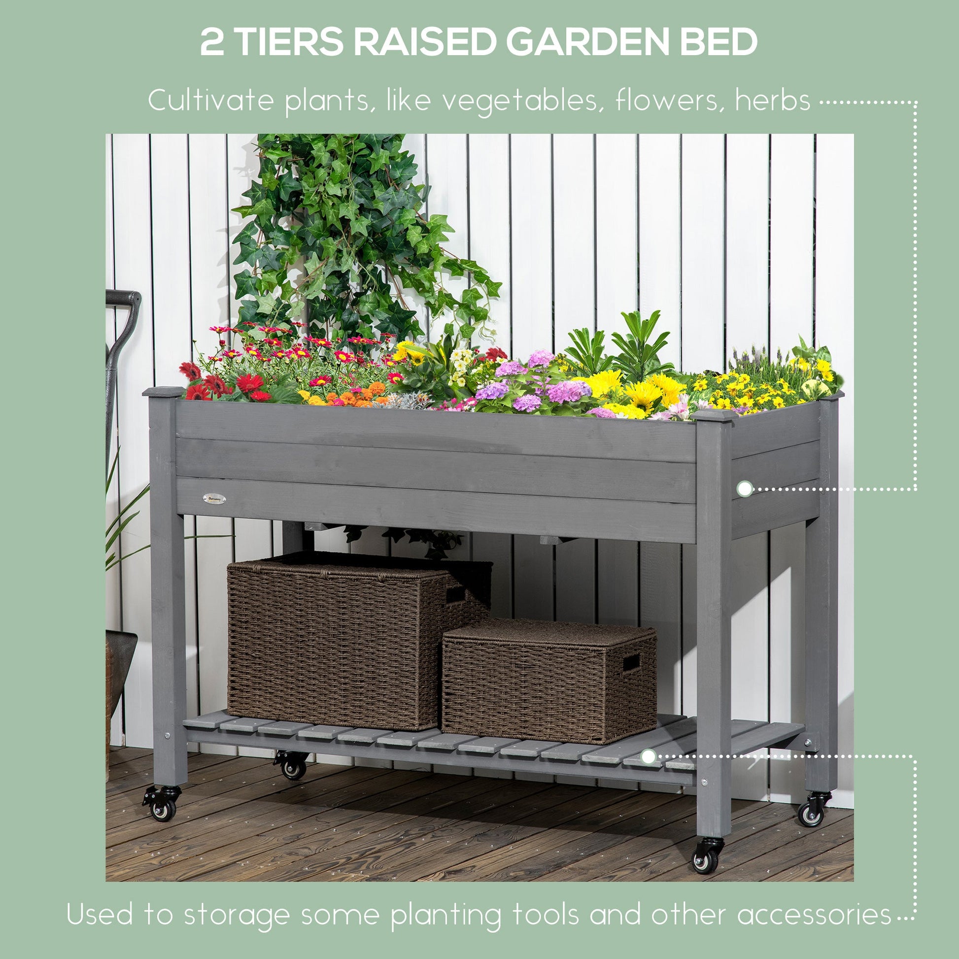 Raised Garden Bed Mobile Elevated Wood Planter Box w/ Lockable Wheels, Storage Shelf  for Herbs and Vegetables Backyard Patio Balcony Zebrano, Dark Grey