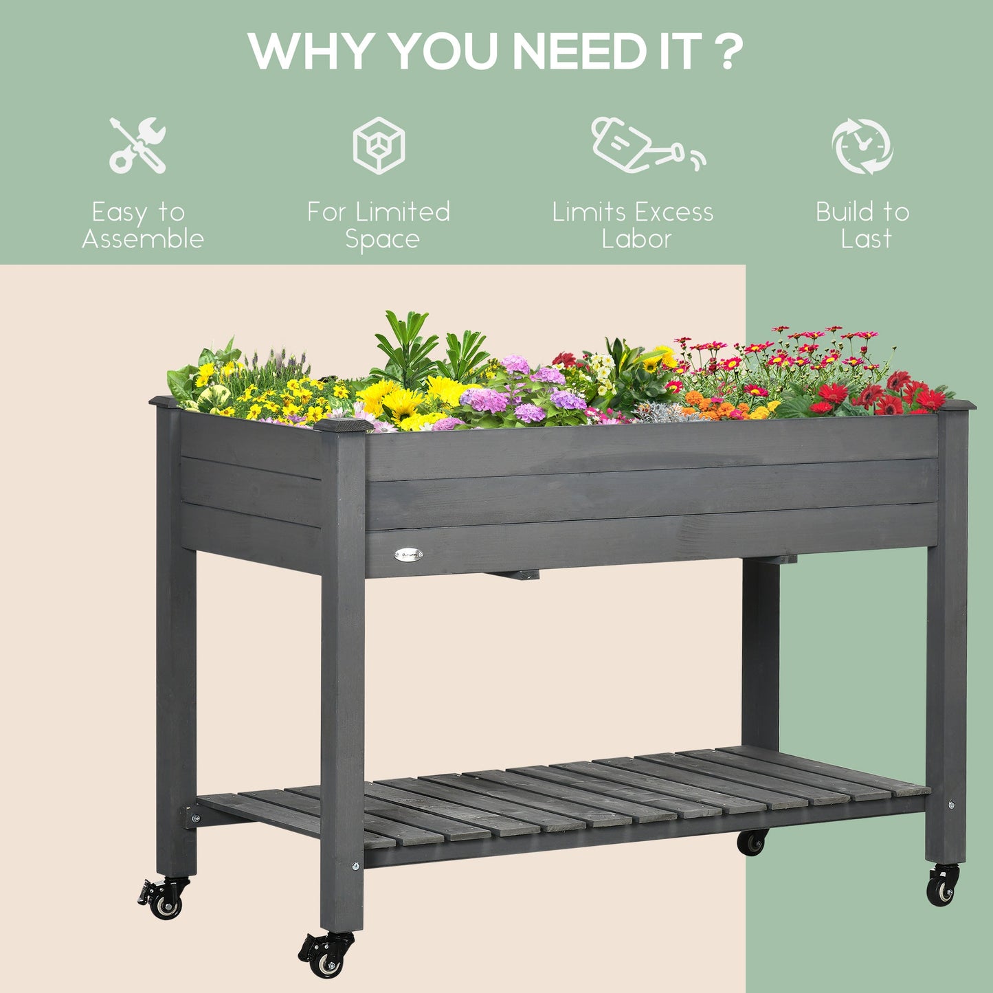 Raised Garden Bed Mobile Elevated Wood Planter Box w/ Lockable Wheels, Storage Shelf  for Herbs and Vegetables Backyard Patio Balcony Zebrano, Dark Grey
