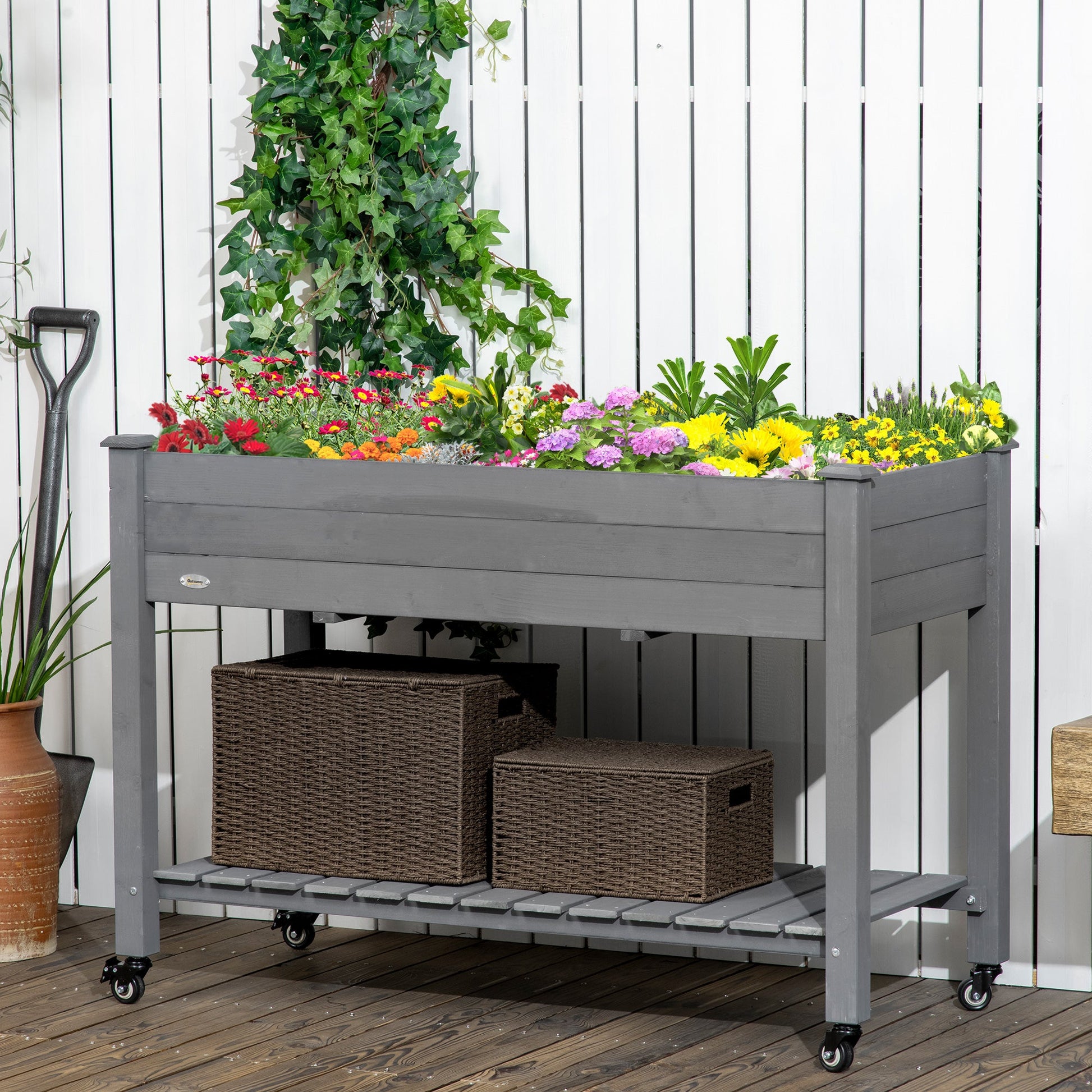 Raised Garden Bed Mobile Elevated Wood Planter Box w/ Lockable Wheels, Storage Shelf  for Herbs and Vegetables Backyard Patio Balcony Zebrano, Dark Grey