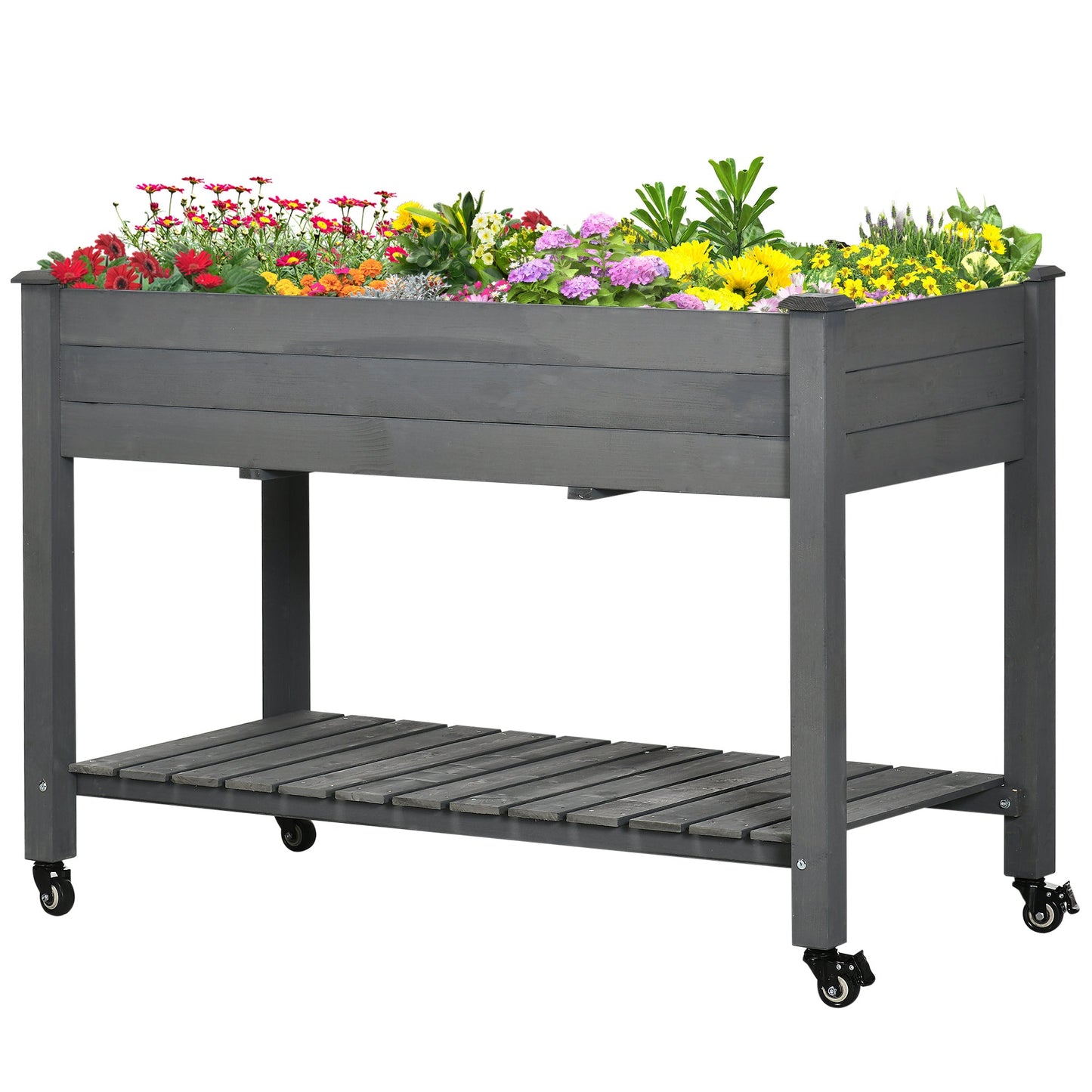 Raised Garden Bed Mobile Elevated Wood Planter Box w/ Lockable Wheels, Storage Shelf  for Herbs and Vegetables Backyard Patio Balcony Zebrano, Dark Grey