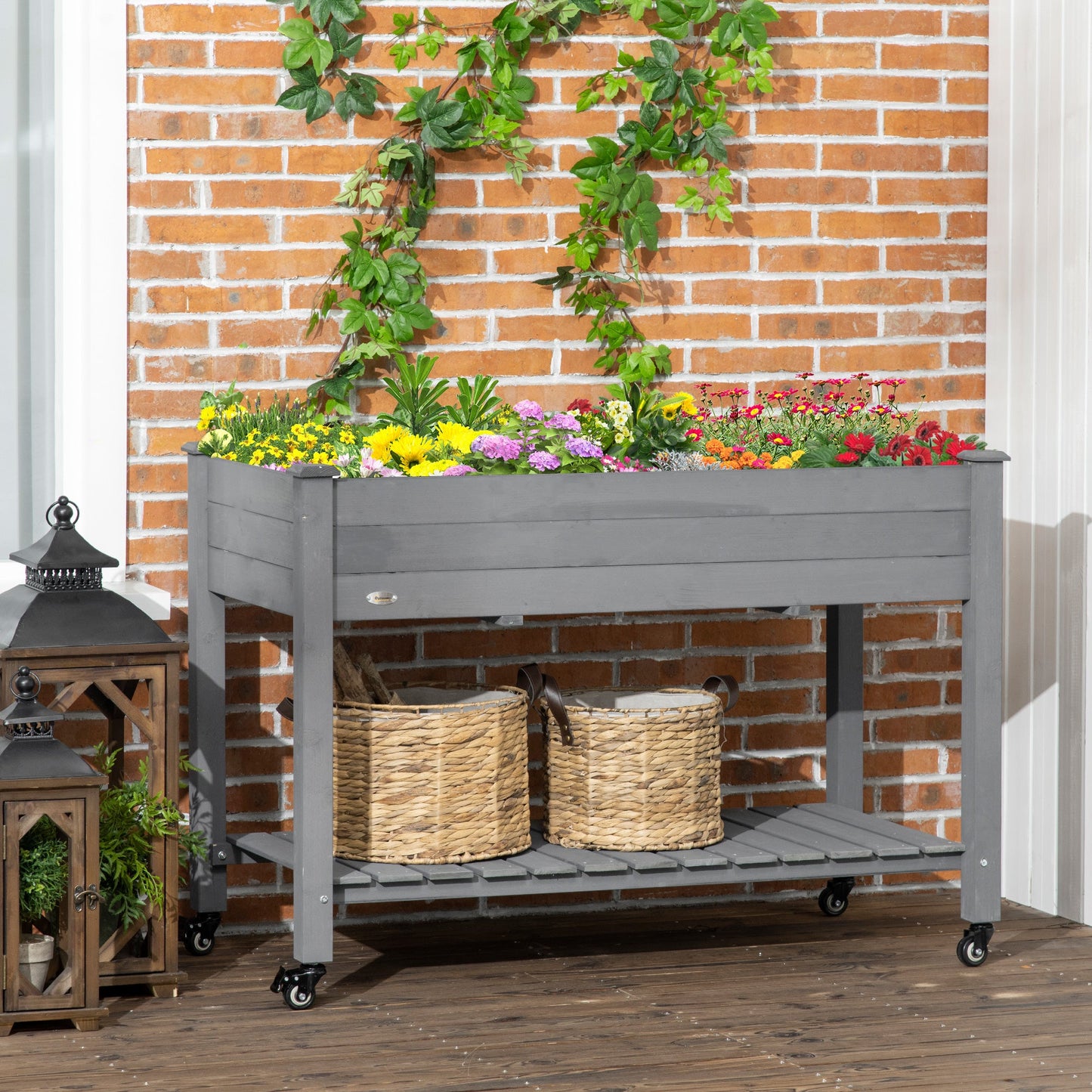 Raised Garden Bed Mobile Elevated Wood Planter Box w/ Lockable Wheels, Storage Shelf  for Herbs and Vegetables Backyard Patio Balcony Zebrano, Dark Grey