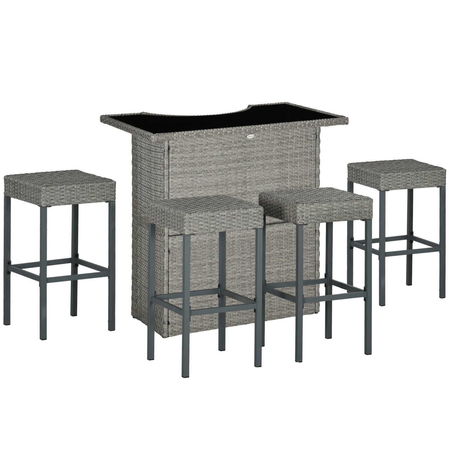 5 Pieces Patio Bar Set, Outdoor PE Rattan Wicker High Top Outdoor Table and Chairs Outdoor Bar Set with Tempered Glass Top Bar Table and Shelves, 4 Bar Chairs, Grey