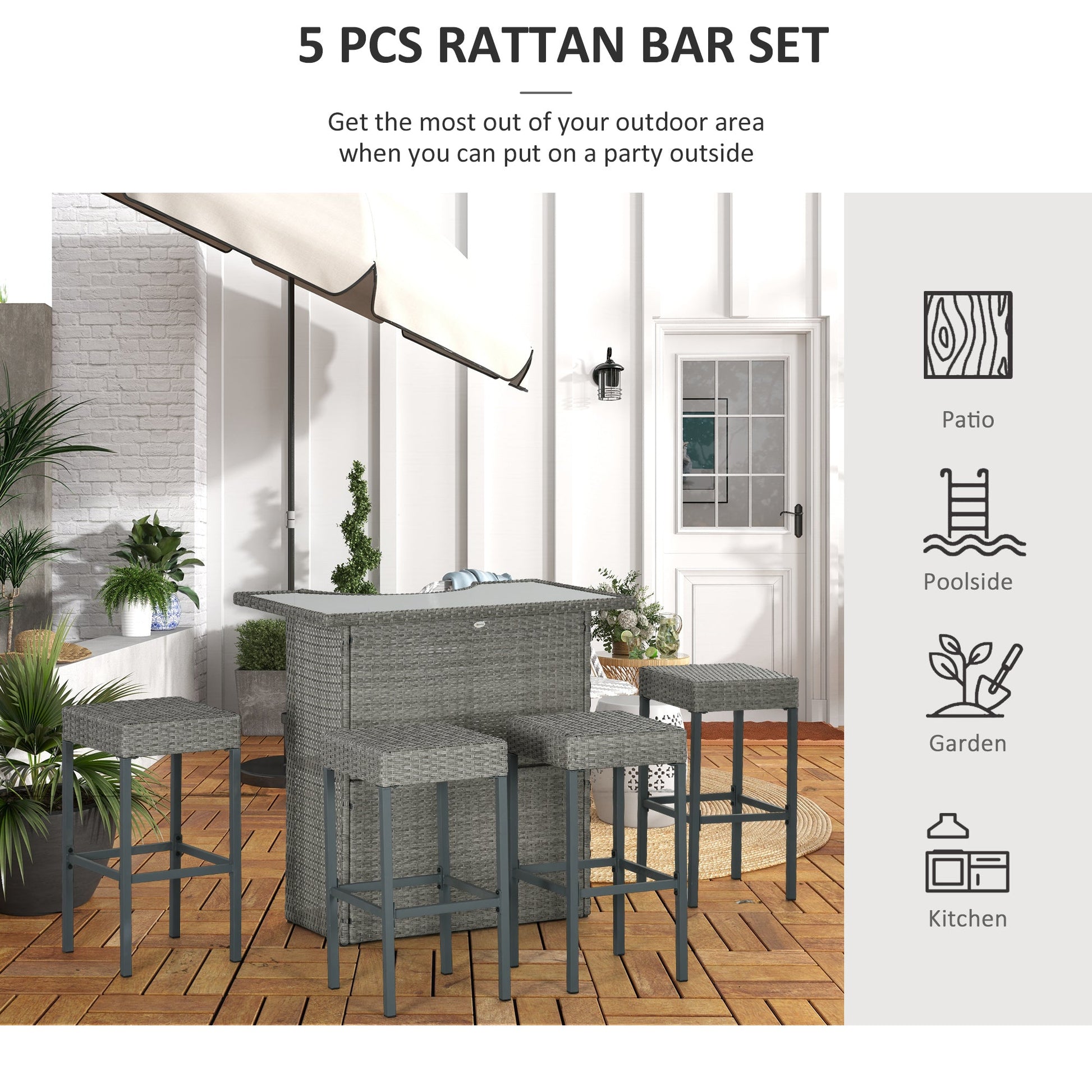 5 Pieces Patio Bar Set, Outdoor PE Rattan Wicker High Top Outdoor Table and Chairs Outdoor Bar Set with Tempered Glass Top Bar Table and Shelves, 4 Bar Chairs, Grey