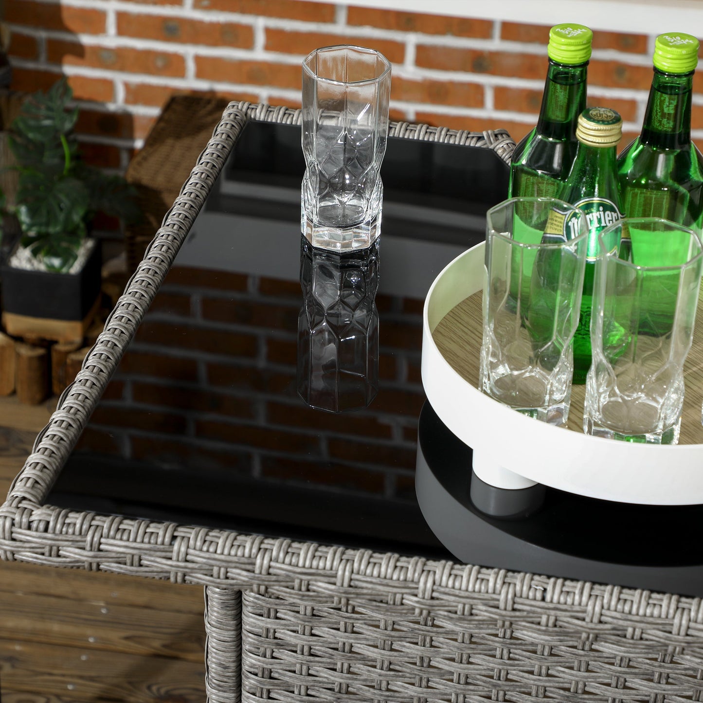 5 Pieces Patio Bar Set, Outdoor PE Rattan Wicker High Top Outdoor Table and Chairs Outdoor Bar Set with Tempered Glass Top Bar Table and Shelves, 4 Bar Chairs, Grey
