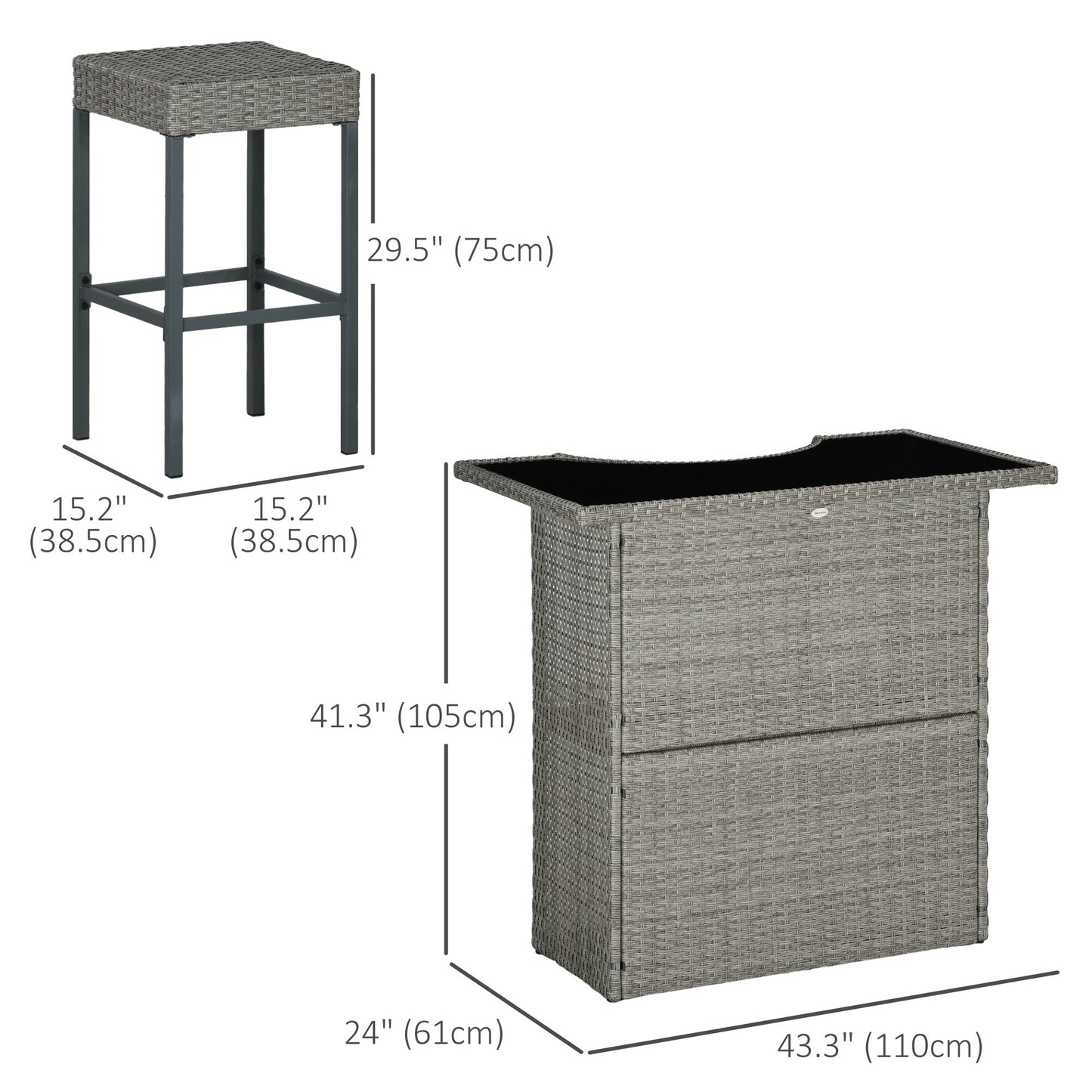5 Pieces Patio Bar Set, Outdoor PE Rattan Wicker High Top Outdoor Table and Chairs Outdoor Bar Set with Tempered Glass Top Bar Table and Shelves, 4 Bar Chairs, Grey