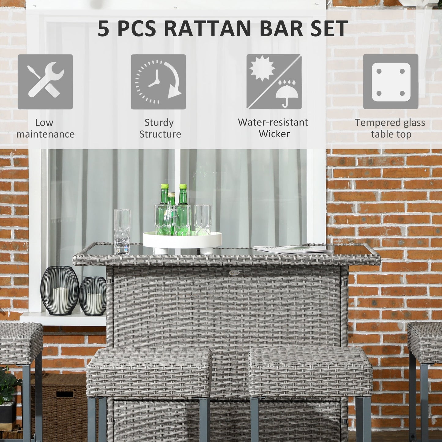 5 Pieces Patio Bar Set, Outdoor PE Rattan Wicker High Top Outdoor Table and Chairs Outdoor Bar Set with Tempered Glass Top Bar Table and Shelves, 4 Bar Chairs, Grey