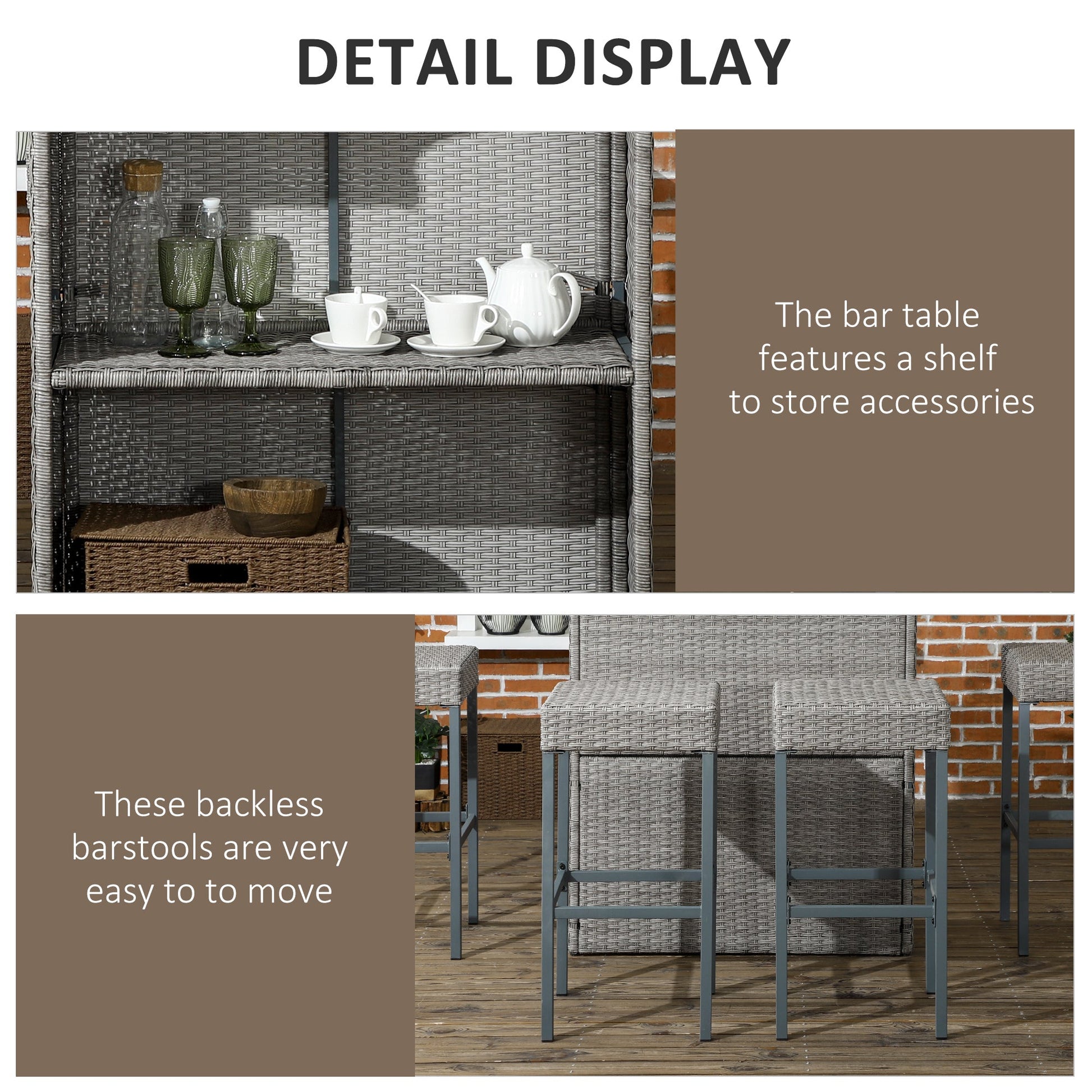 5 Pieces Patio Bar Set, Outdoor PE Rattan Wicker High Top Outdoor Table and Chairs Outdoor Bar Set with Tempered Glass Top Bar Table and Shelves, 4 Bar Chairs, Grey