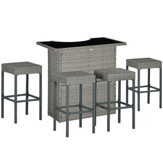 5 Pieces Patio Bar Set, Outdoor PE Rattan Wicker High Top Outdoor Table and Chairs Outdoor Bar Set with Tempered Glass Top Bar Table and Shelves, 4 Bar Chairs, Grey