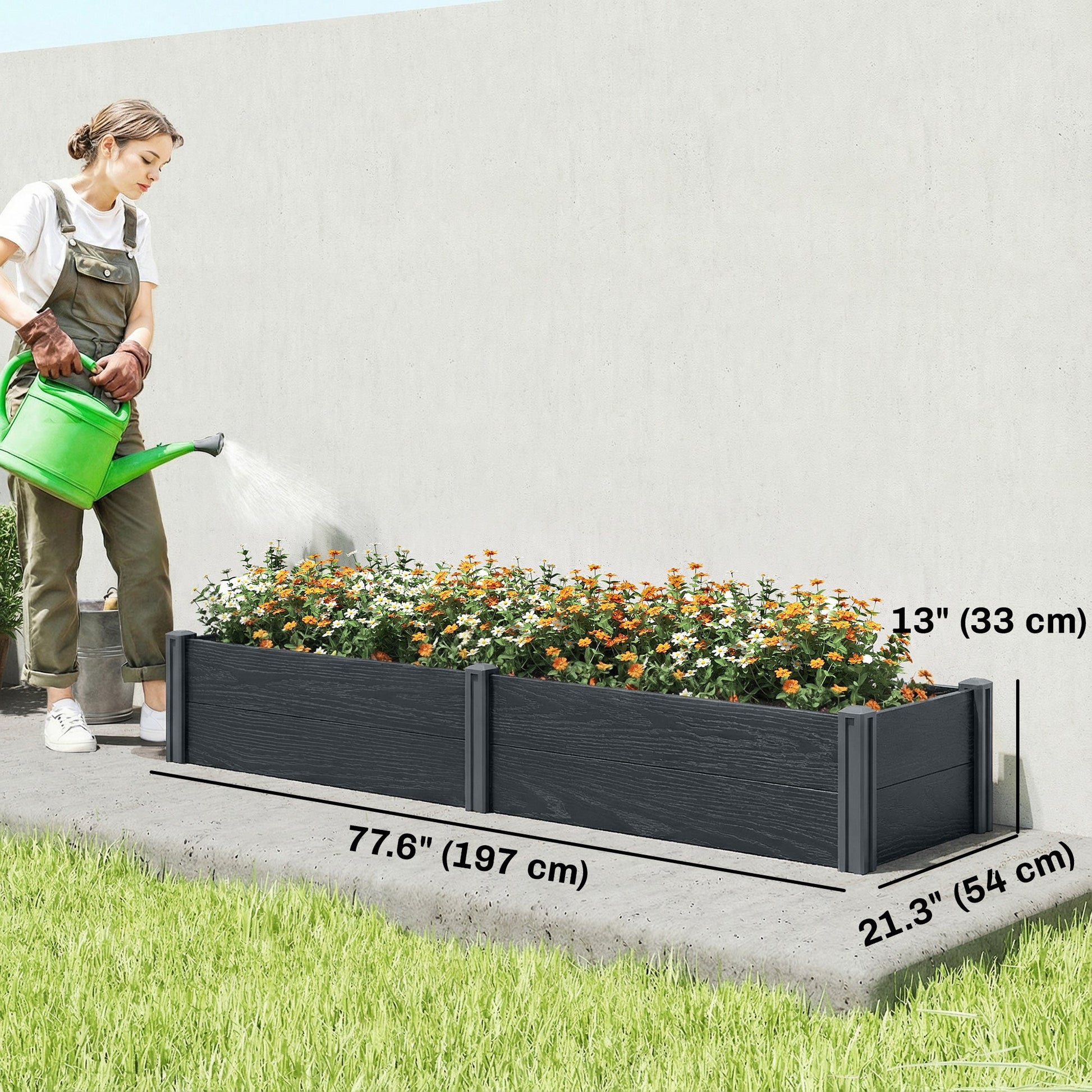 Vinyl Raised Garden Bed Kit, 6.5 x 2 x 1ft Elevated Garden Box with Divider, Open Bottom, Screwless Outdoor Planter Box for Flowers Herbs, DIY Assembly, Grey Wood Effect