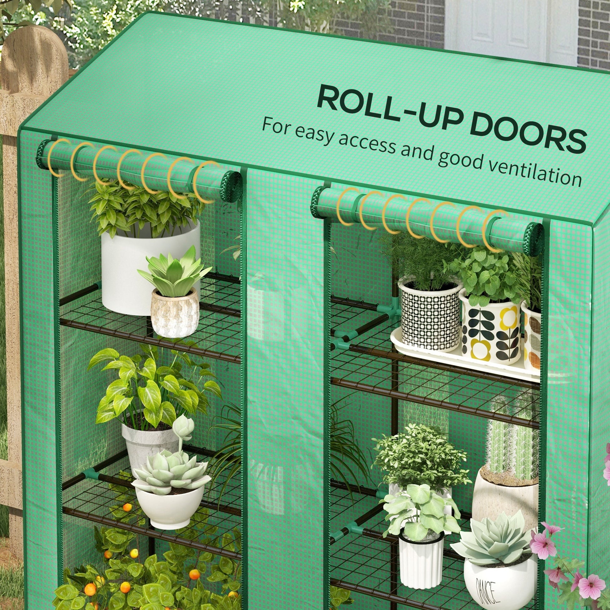 Lean-to Mini Greenhouse with 3 Tier Shelves, PE Cover, Portable Green House with 2 Roll-up Doors, Garden Plant Grow Hot House for Indoor Outdoor, 56.3"x18.1"x59.4", Green