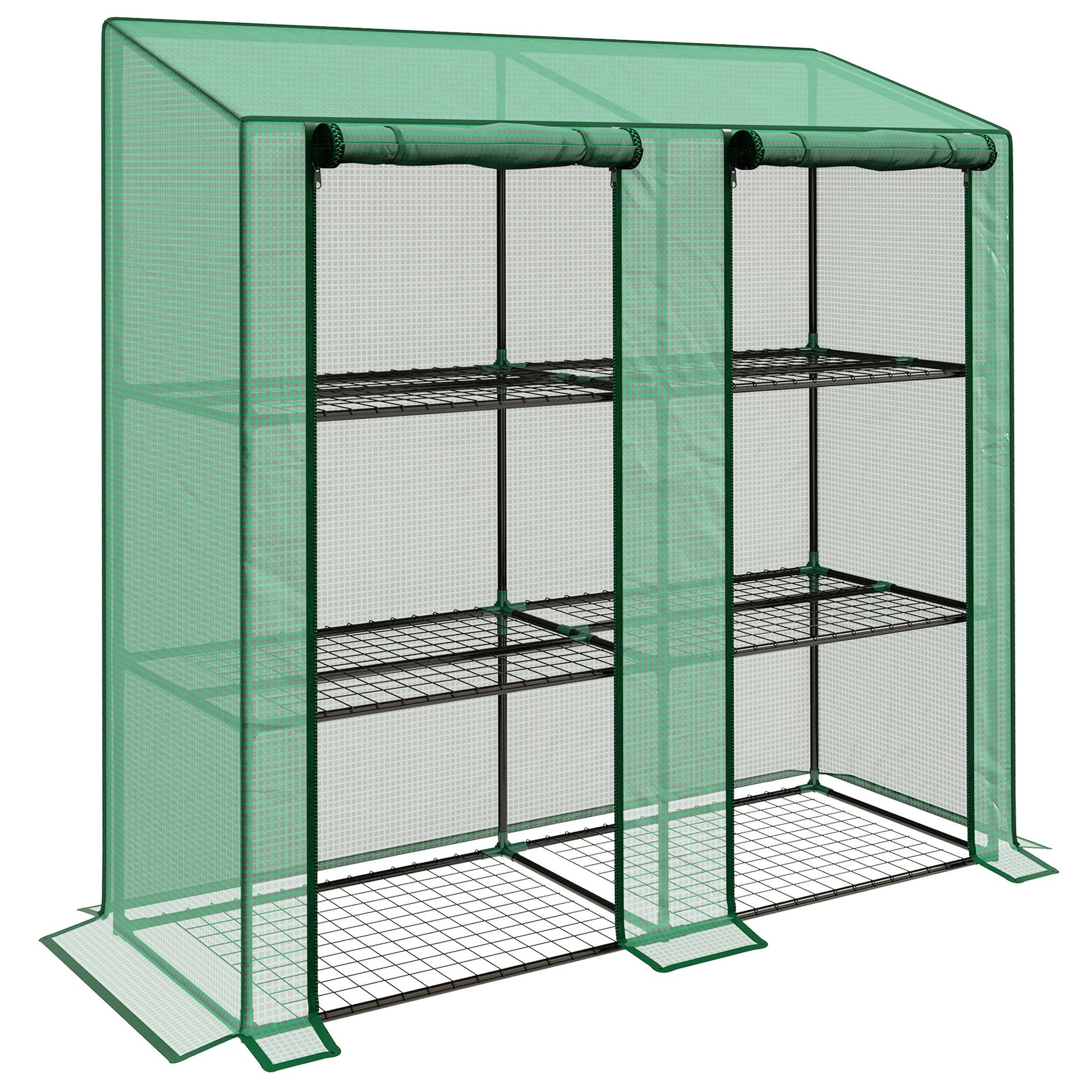 Lean-to Mini Greenhouse with 3 Tier Shelves, PE Cover, Portable Green House with 2 Roll-up Doors, Garden Plant Grow Hot House for Indoor Outdoor, 56.3"x18.1"x59.4", Green