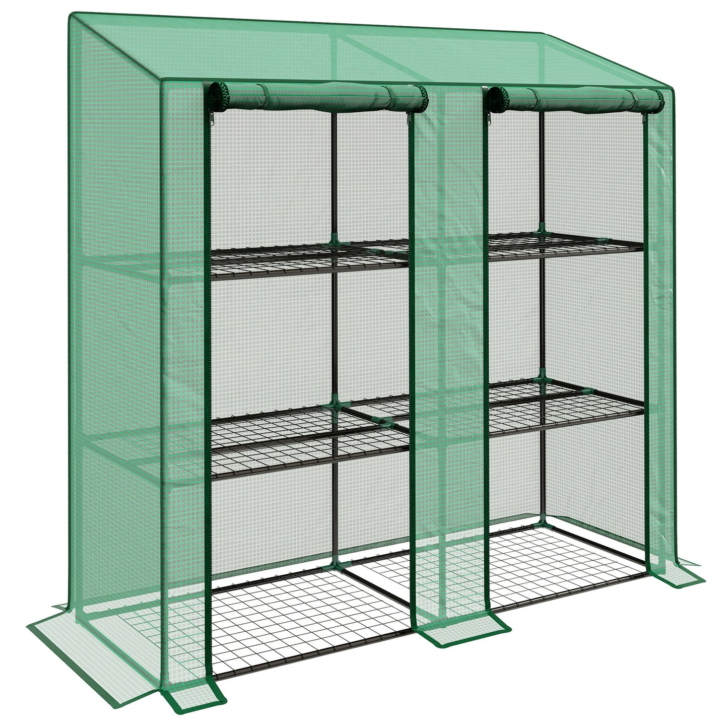 Lean-to Mini Greenhouse with 3 Tier Shelves, PE Cover, Portable Green House with 2 Roll-up Doors, Garden Plant Grow Hot House for Indoor Outdoor, 56.3"x18.1"x59.4", Green