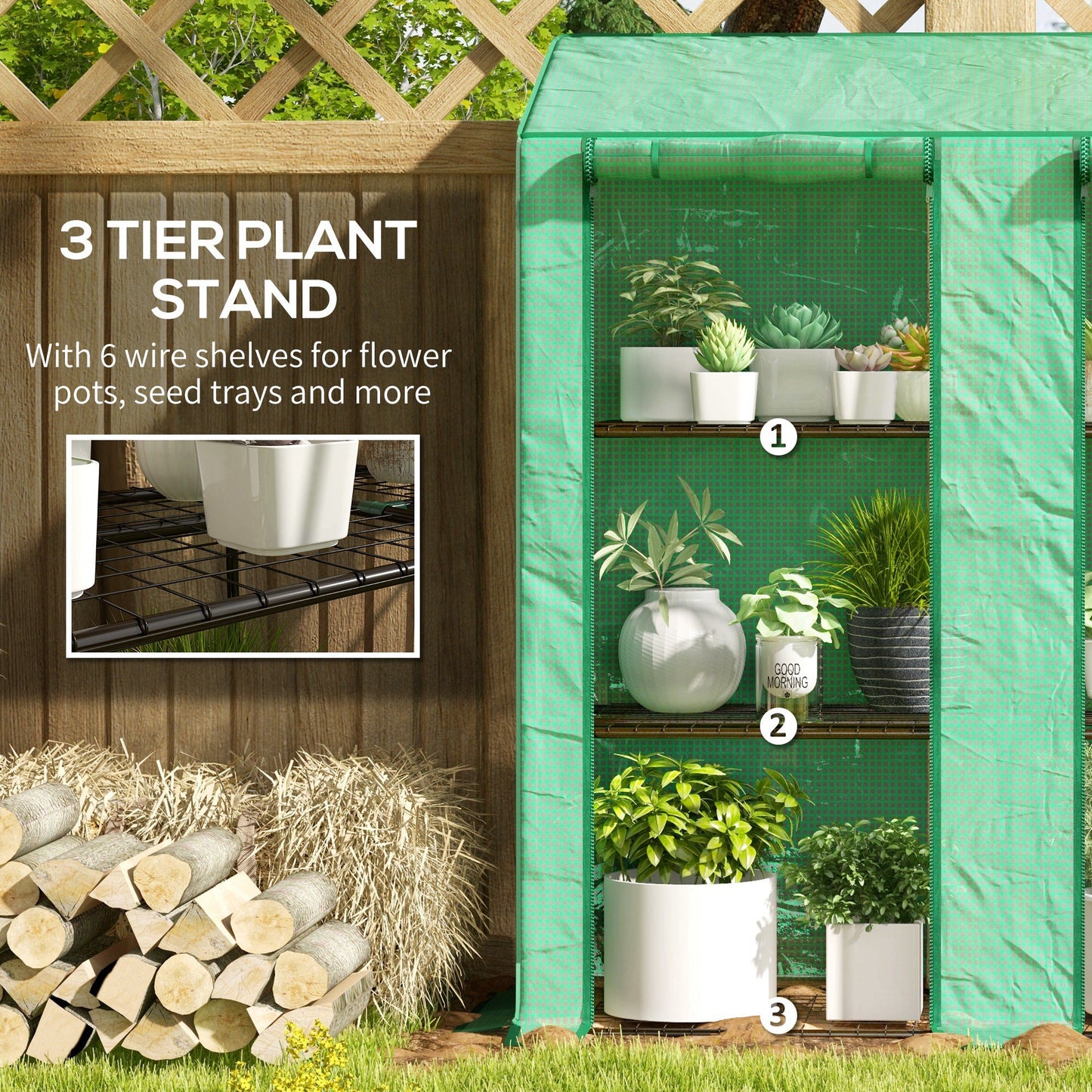 Lean-to Mini Greenhouse with 3 Tier Shelves, PE Cover, Portable Green House with 2 Roll-up Doors, Garden Plant Grow Hot House for Indoor Outdoor, 56.3"x18.1"x59.4", Green