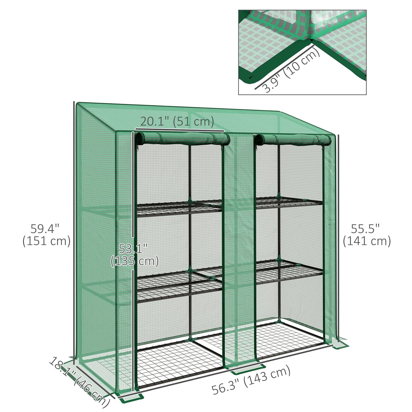 Lean-to Mini Greenhouse with 3 Tier Shelves, PE Cover, Portable Green House with 2 Roll-up Doors, Garden Plant Grow Hot House for Indoor Outdoor, 56.3"x18.1"x59.4", Green