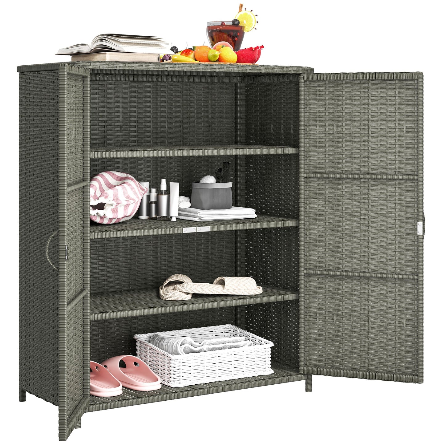 Wicker Outdoor Storage Cabinet with Shelves, 4-Shelf Pool Storage Organizer with Two Doors, Poly Rattan Outdoor Towel Rack for Pool, Garden, Backyard, Dark Grey