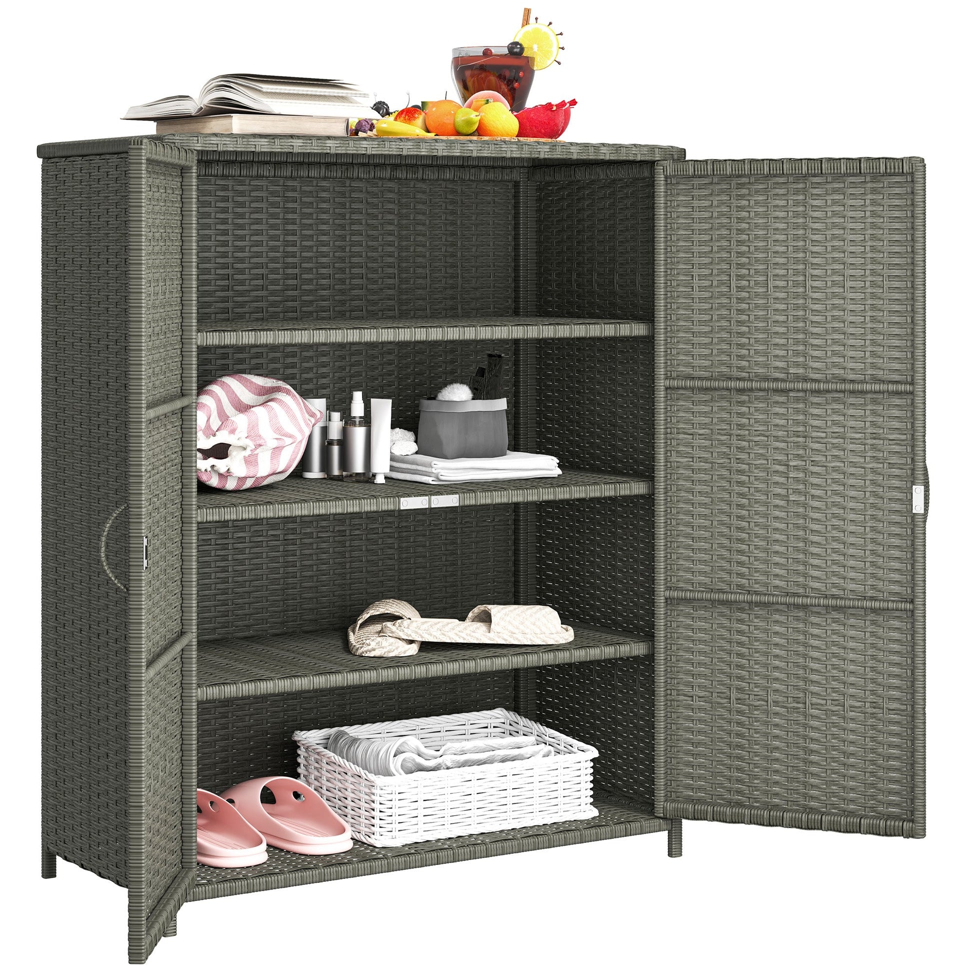 Wicker Outdoor Storage Cabinet with Shelves, 4-Shelf Pool Storage Organizer with Two Doors, Poly Rattan Outdoor Towel Rack for Pool, Garden, Backyard, Dark Grey