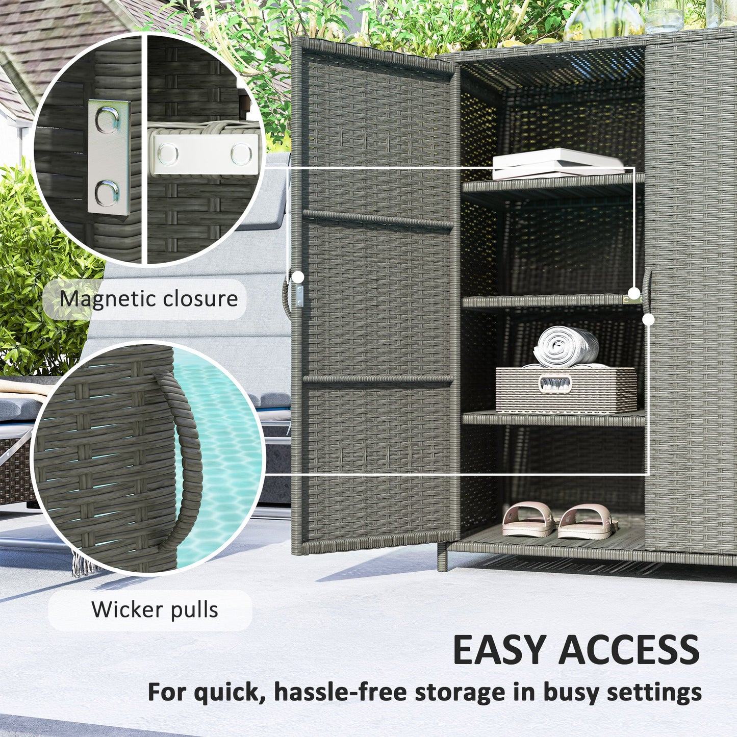 Wicker Outdoor Storage Cabinet with Shelves, 4-Shelf Pool Storage Organizer with Two Doors, Poly Rattan Outdoor Towel Rack for Pool, Garden, Backyard, Dark Grey
