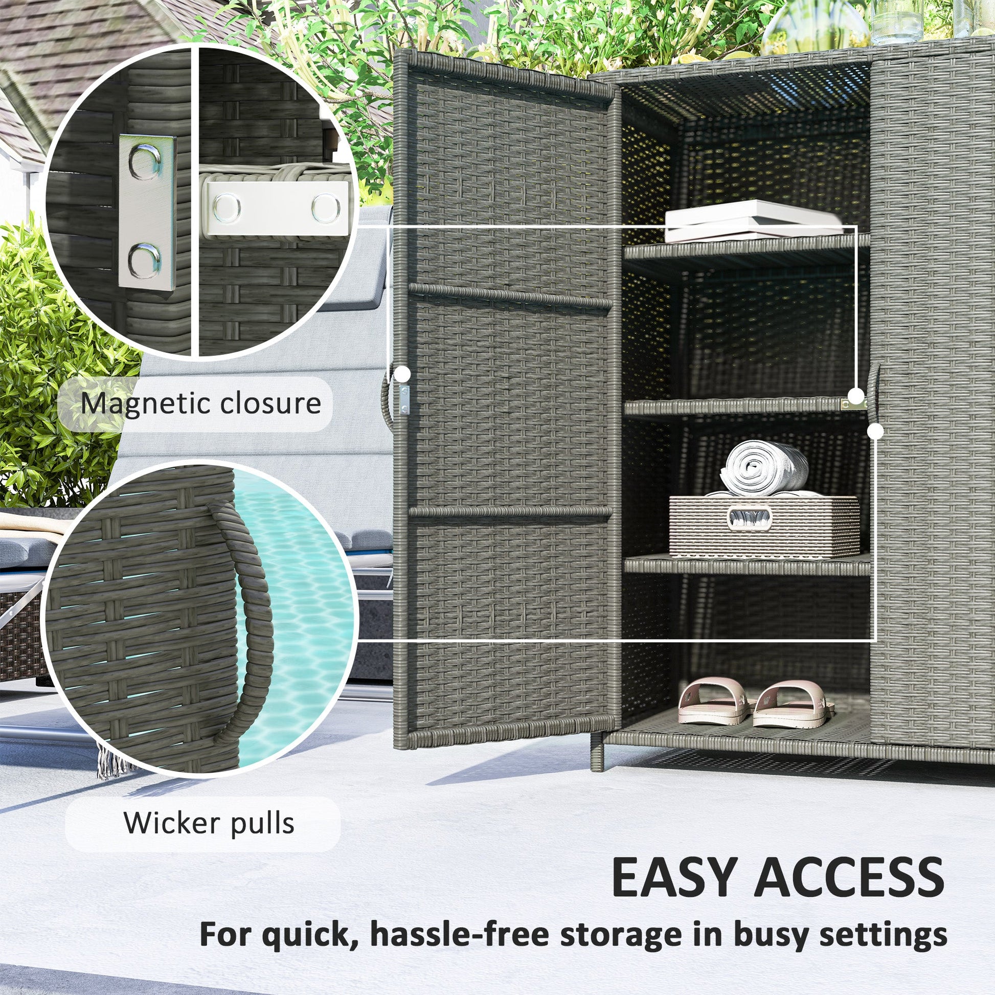 Wicker Outdoor Storage Cabinet with Shelves, 4-Shelf Pool Storage Organizer with Two Doors, Poly Rattan Outdoor Towel Rack for Pool, Garden, Backyard, Dark Grey