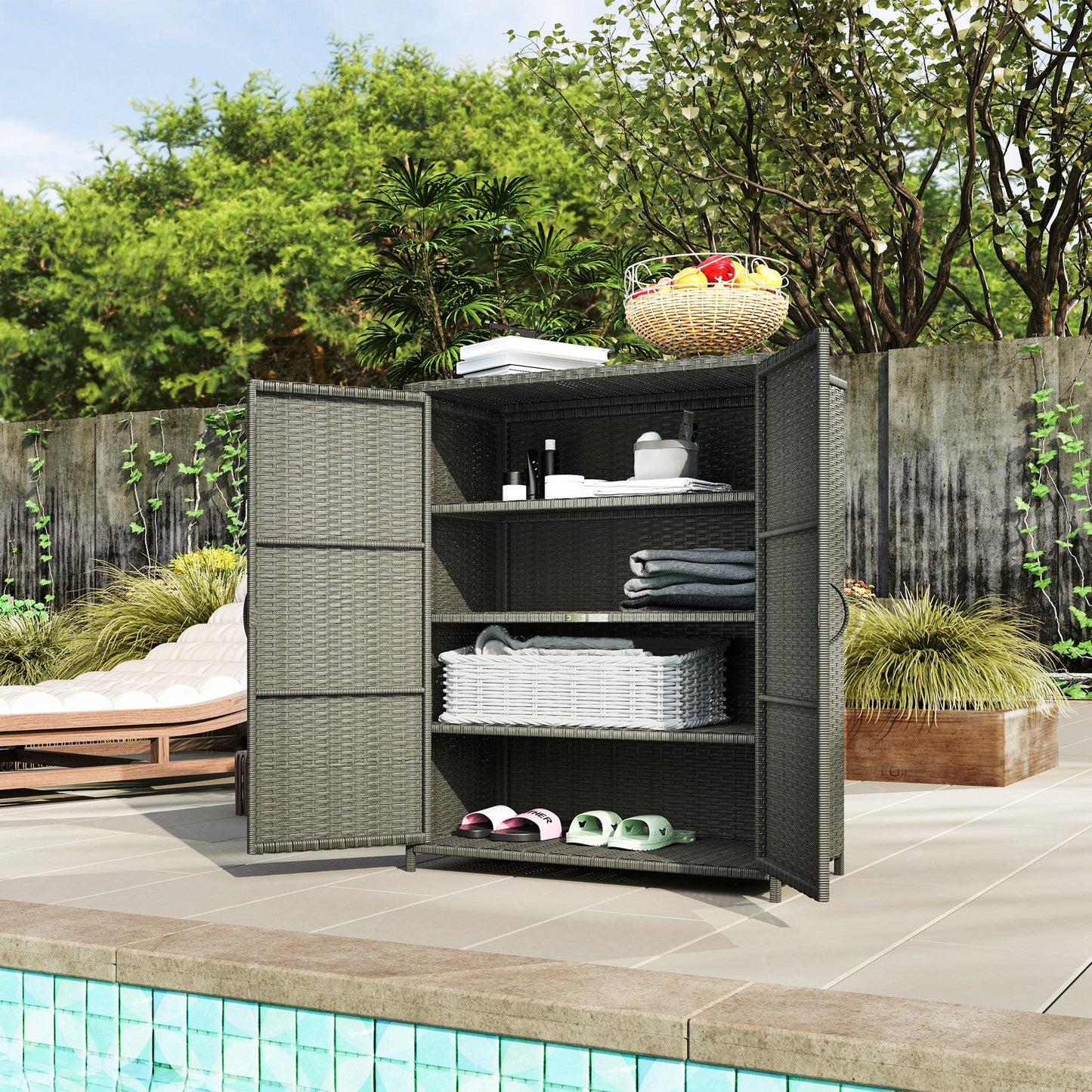 Wicker Outdoor Storage Cabinet with Shelves, 4-Shelf Pool Storage Organizer with Two Doors, Poly Rattan Outdoor Towel Rack for Pool, Garden, Backyard, Dark Grey