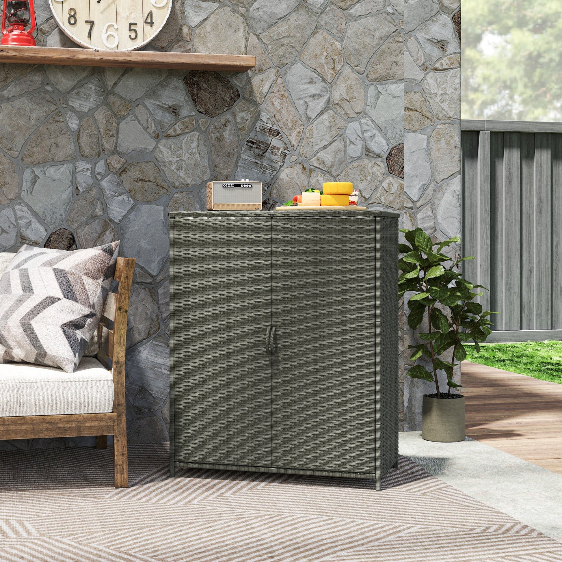 Wicker Outdoor Storage Cabinet with Shelves, 4-Shelf Pool Storage Organizer with Two Doors, Poly Rattan Outdoor Towel Rack for Pool, Garden, Backyard, Dark Grey