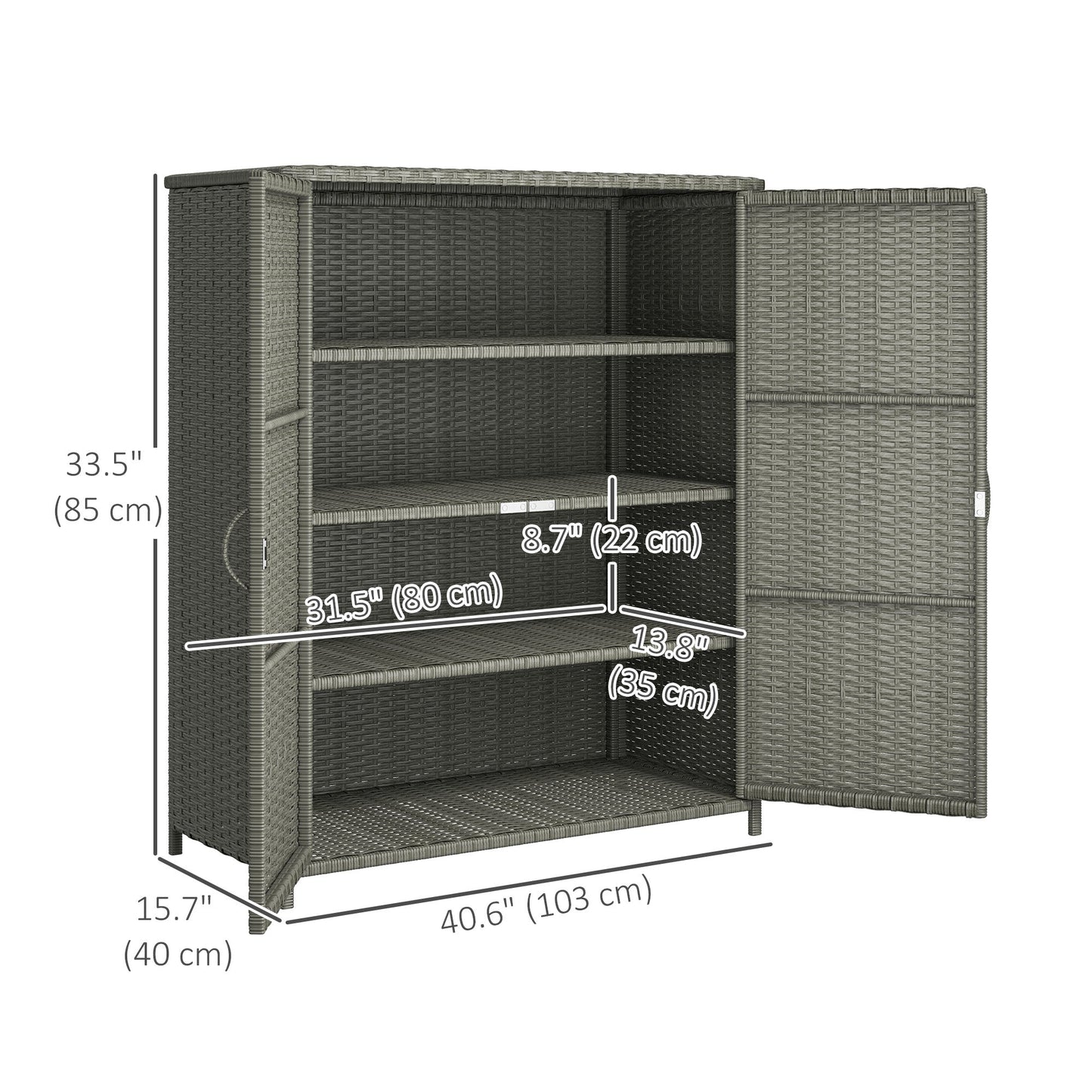Wicker Outdoor Storage Cabinet with Shelves, 4-Shelf Pool Storage Organizer with Two Doors, Poly Rattan Outdoor Towel Rack for Pool, Garden, Backyard, Dark Grey