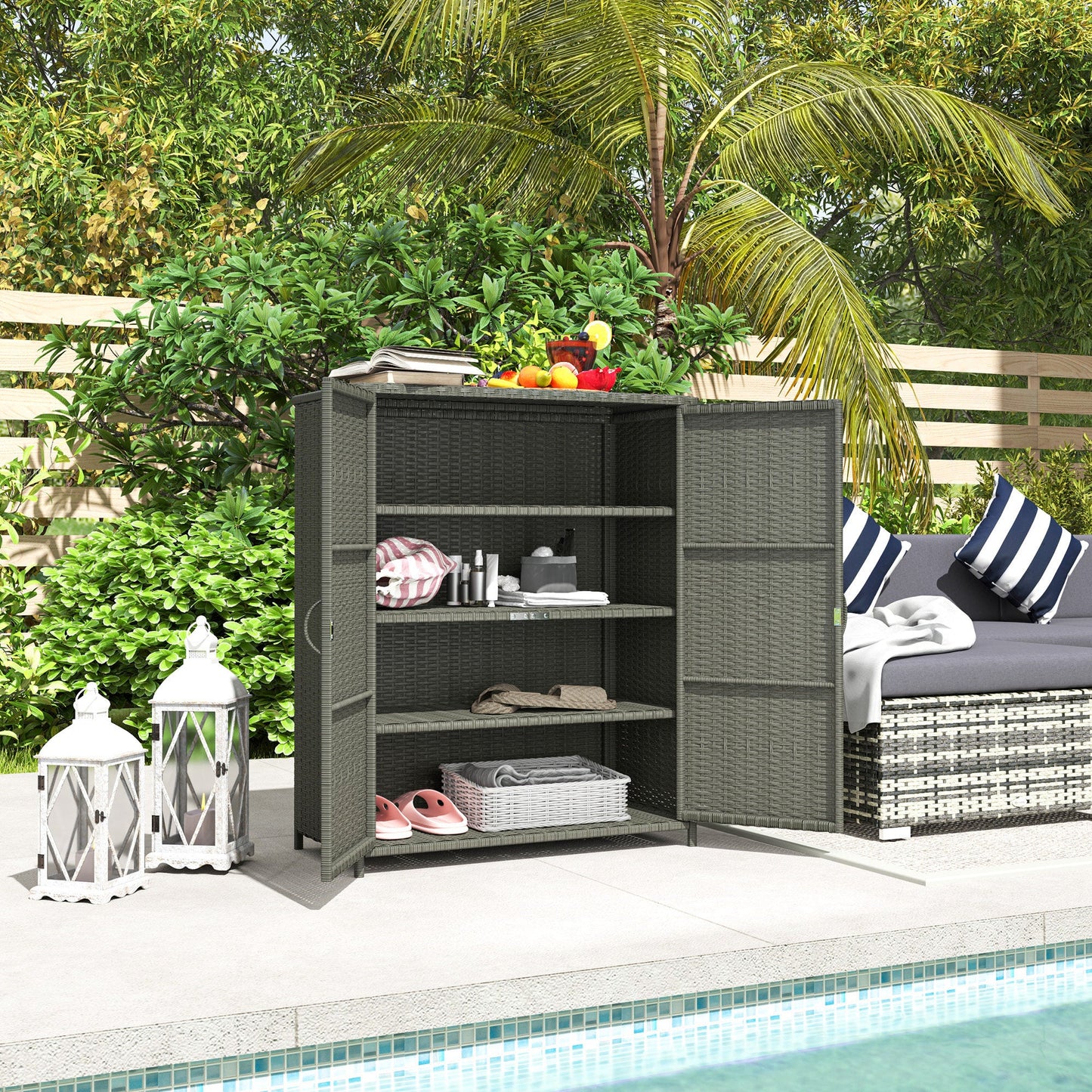 Wicker Outdoor Storage Cabinet with Shelves, 4-Shelf Pool Storage Organizer with Two Doors, Poly Rattan Outdoor Towel Rack for Pool, Garden, Backyard, Dark Grey