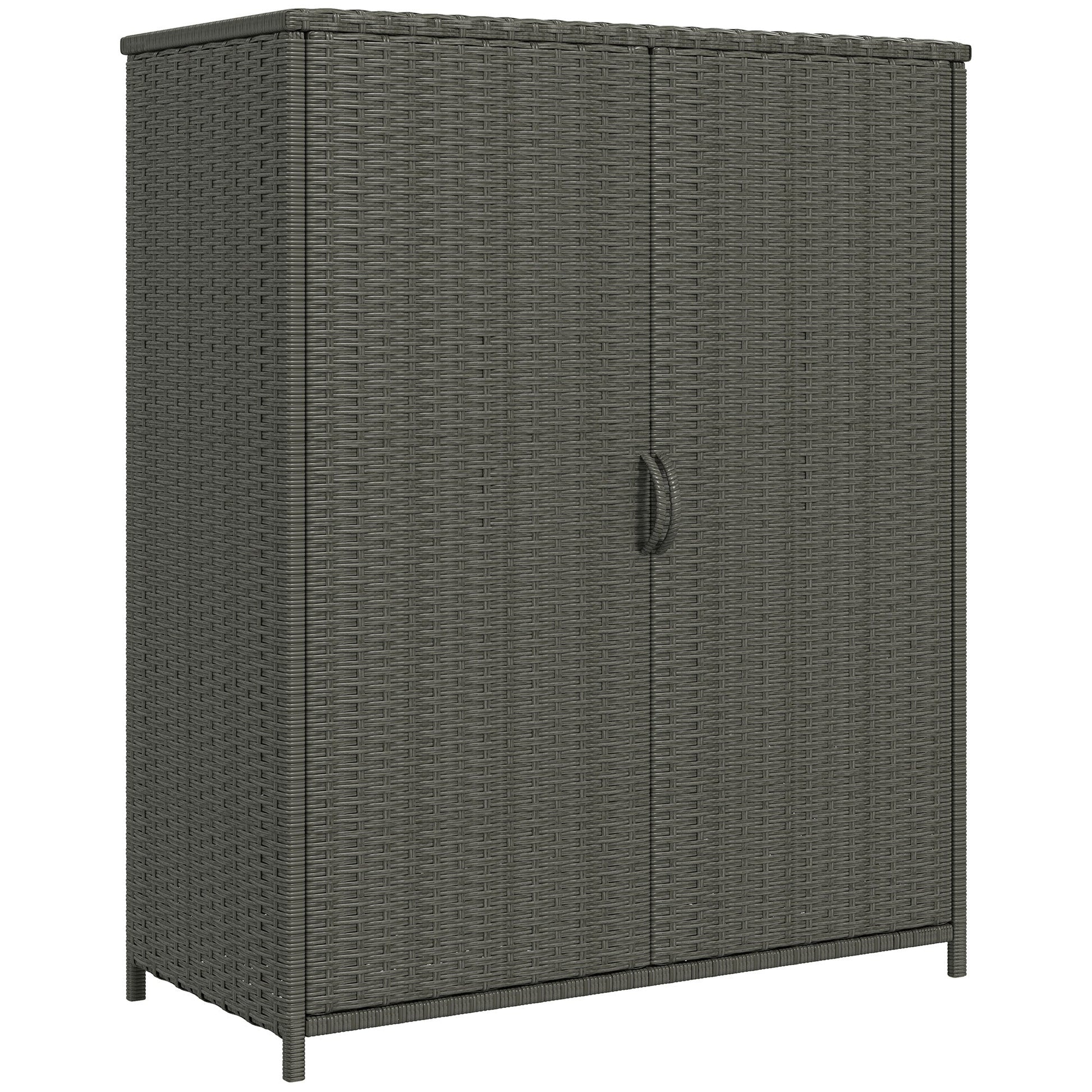 Wicker Outdoor Storage Cabinet with Shelves, 4-Shelf Pool Storage Organizer with Two Doors, Poly Rattan Outdoor Towel Rack for Pool, Garden, Backyard, Dark Grey