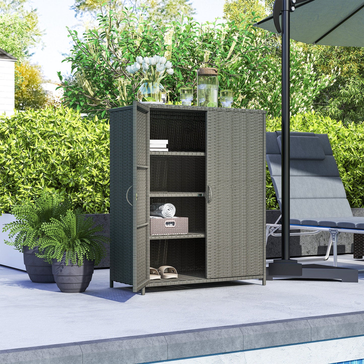 Wicker Outdoor Storage Cabinet with Shelves, 4-Shelf Pool Storage Organizer with Two Doors, Poly Rattan Outdoor Towel Rack for Pool, Garden, Backyard, Dark Grey