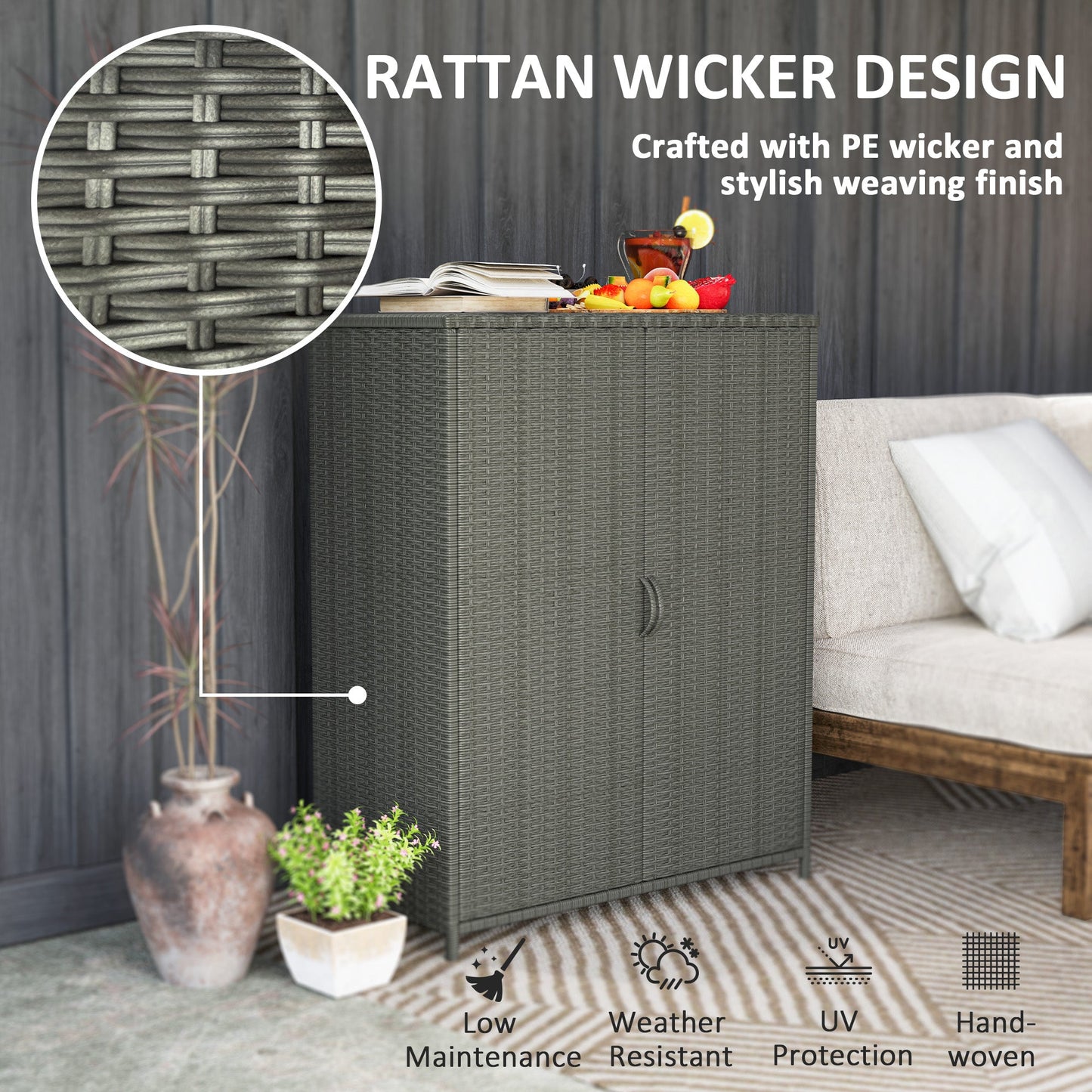 Wicker Outdoor Storage Cabinet with Shelves, 4-Shelf Pool Storage Organizer with Two Doors, Poly Rattan Outdoor Towel Rack for Pool, Garden, Backyard, Dark Grey