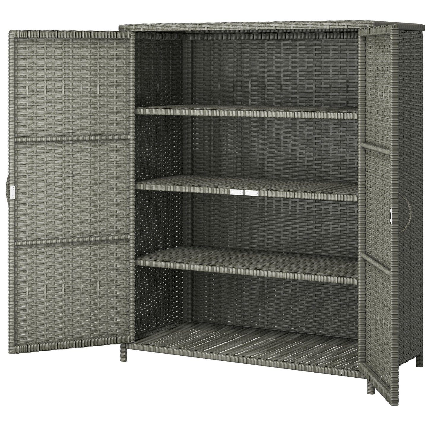 Wicker Outdoor Storage Cabinet with Shelves, 4-Shelf Pool Storage Organizer with Two Doors, Poly Rattan Outdoor Towel Rack for Pool, Garden, Backyard, Dark Grey
