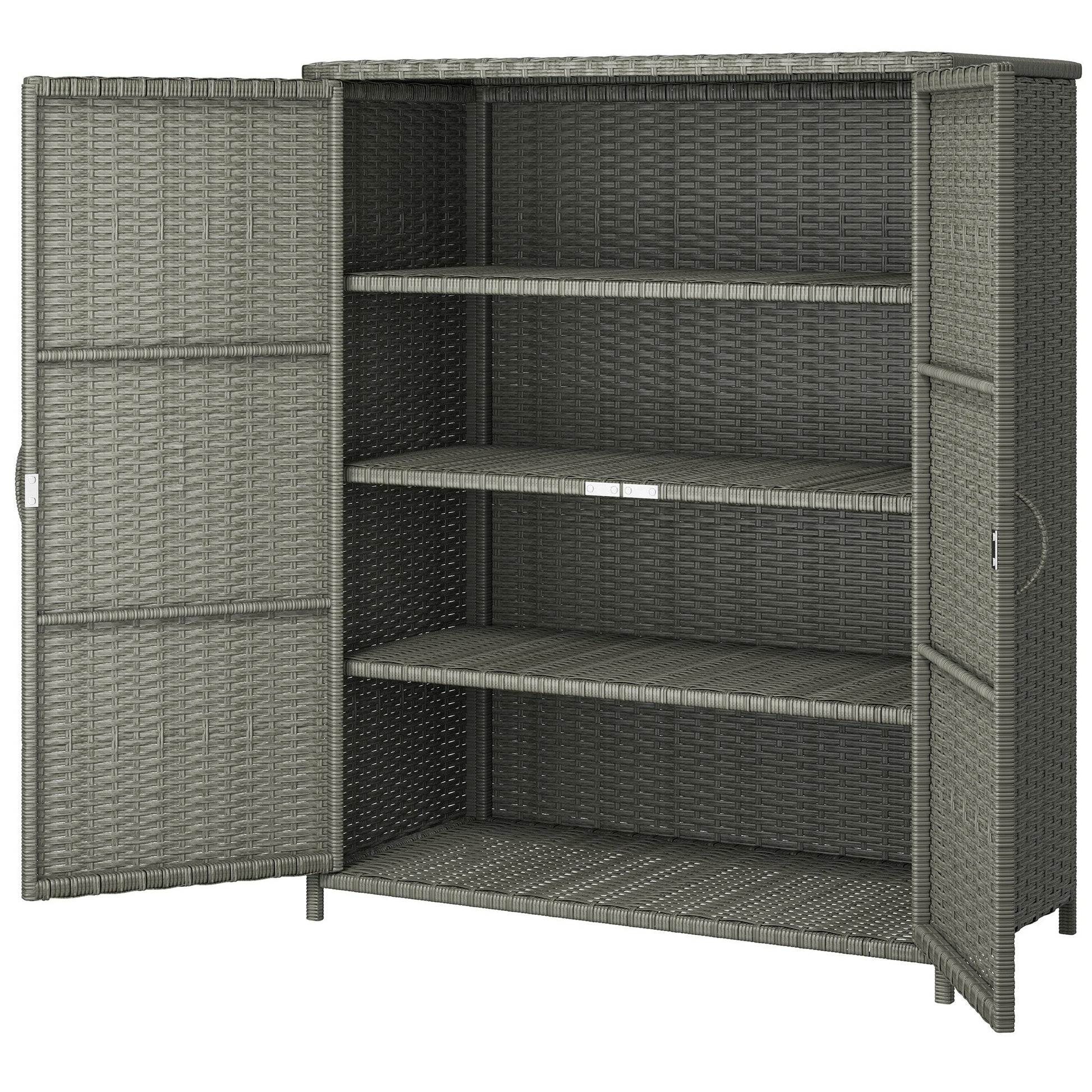 Wicker Outdoor Storage Cabinet with Shelves, 4-Shelf Pool Storage Organizer with Two Doors, Poly Rattan Outdoor Towel Rack for Pool, Garden, Backyard, Dark Grey