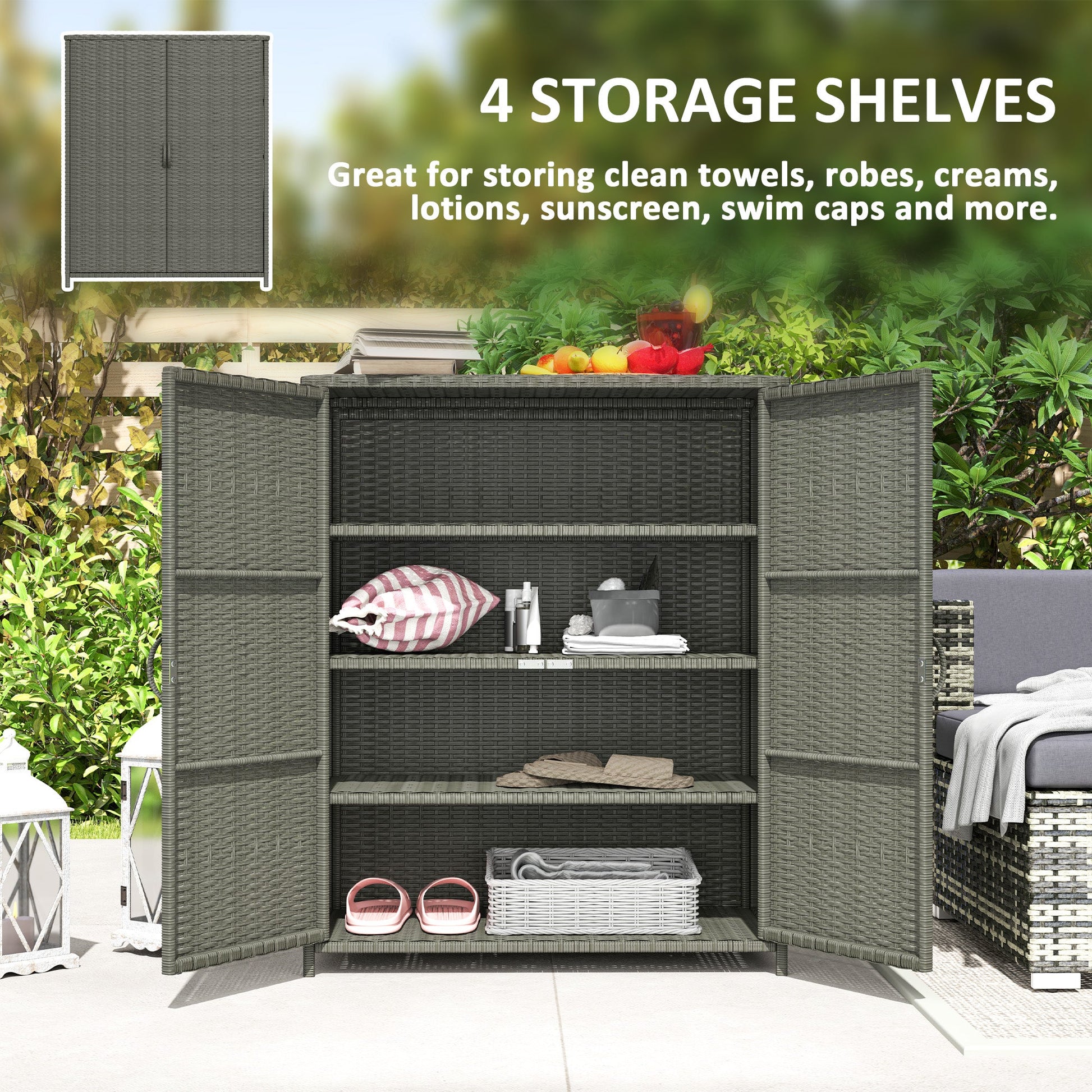 Wicker Outdoor Storage Cabinet with Shelves, 4-Shelf Pool Storage Organizer with Two Doors, Poly Rattan Outdoor Towel Rack for Pool, Garden, Backyard, Dark Grey