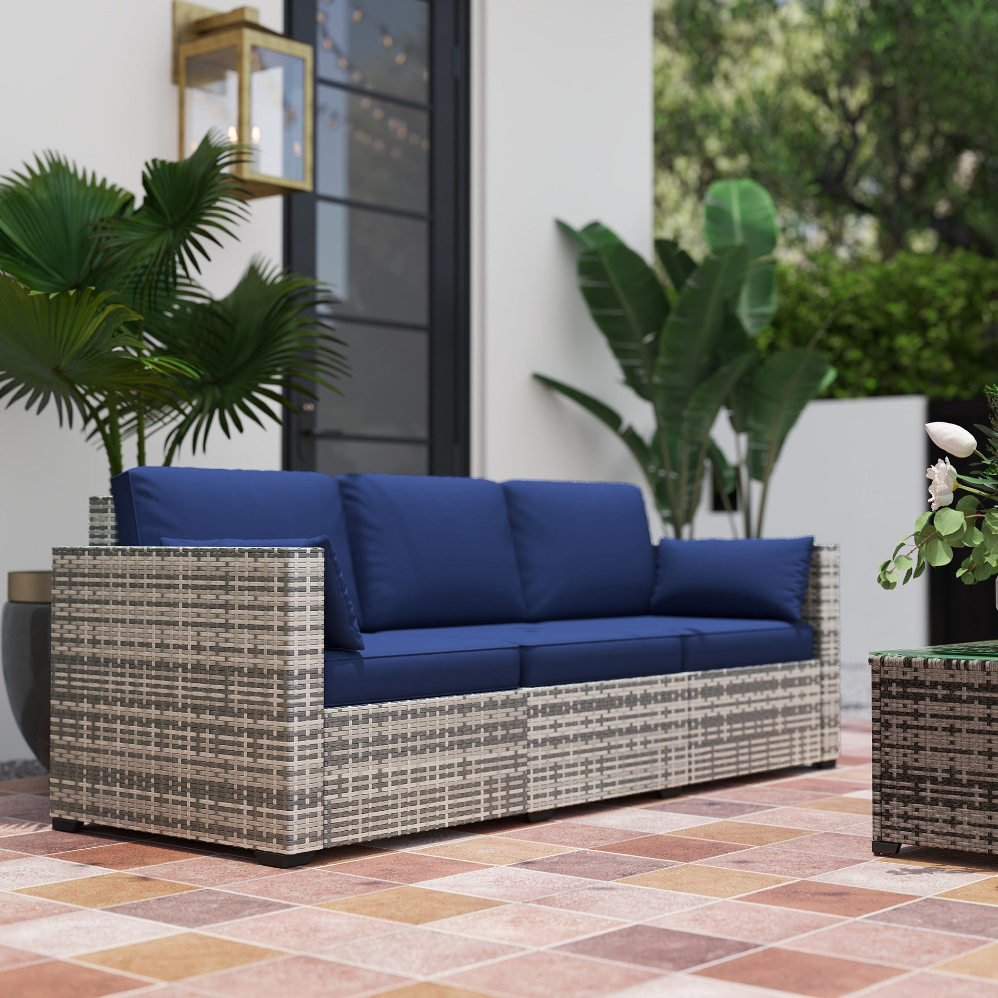 Three-Seater Outdoor Sofa with Cushions, PE Rattan Conversation Patio Wicker Couch Furniture with Pillows for Garden, Poolside, Deck, Balcony, Backyard, Dark Blue
