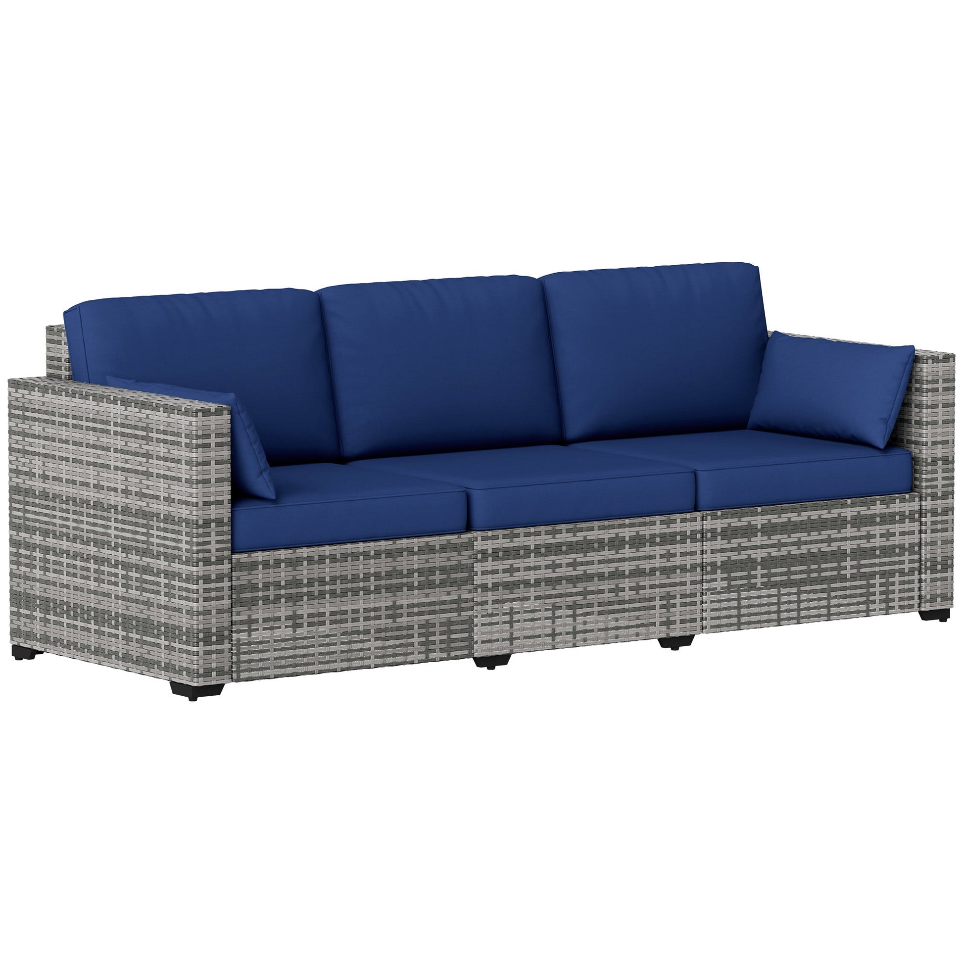Three-Seater Outdoor Sofa with Cushions, PE Rattan Conversation Patio Wicker Couch Furniture with Pillows for Garden, Poolside, Deck, Balcony, Backyard, Dark Blue
