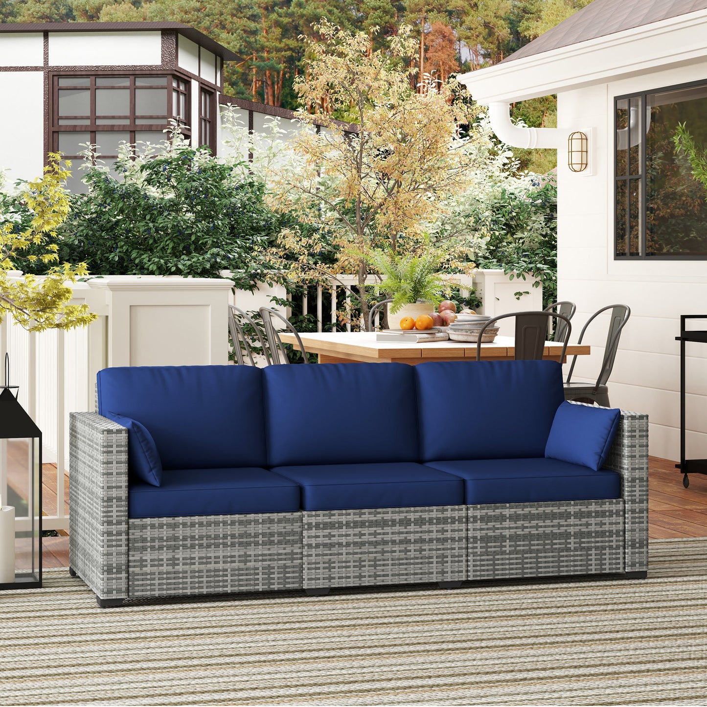 Three-Seater Outdoor Sofa with Cushions, PE Rattan Conversation Patio Wicker Couch Furniture with Pillows for Garden, Poolside, Deck, Balcony, Backyard, Dark Blue