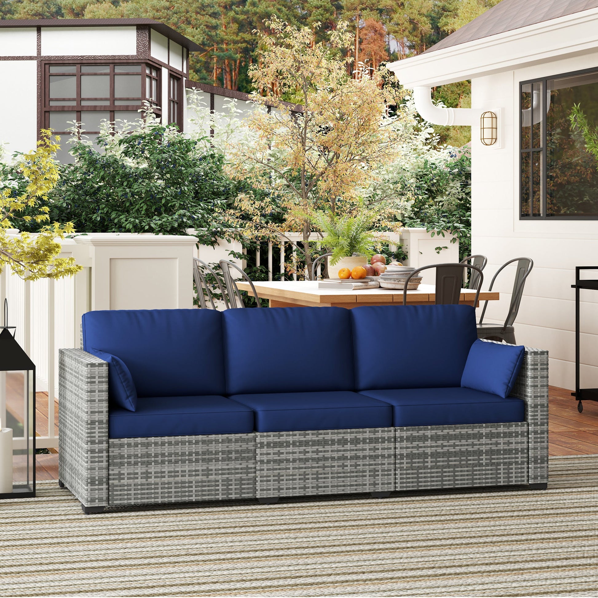 Three-Seater Outdoor Sofa with Cushions, PE Rattan Conversation Patio Wicker Couch Furniture with Pillows for Garden, Poolside, Deck, Balcony, Backyard, Dark Blue